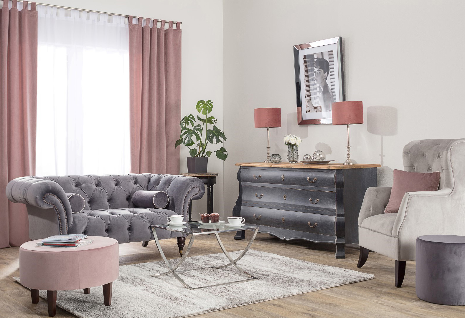 Living Room Blush & Grey Velvet