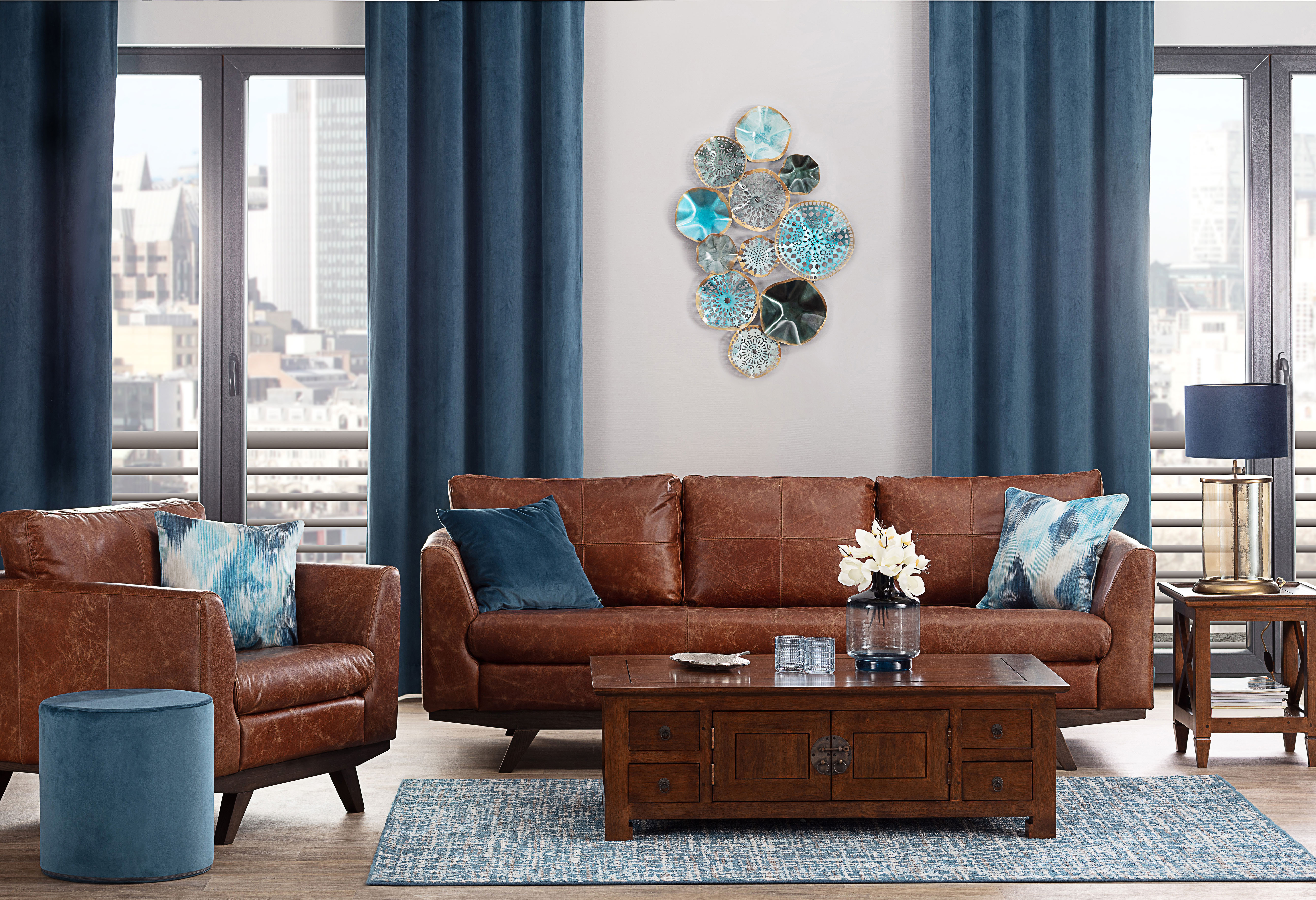 Tan Leather & Blue Living Room