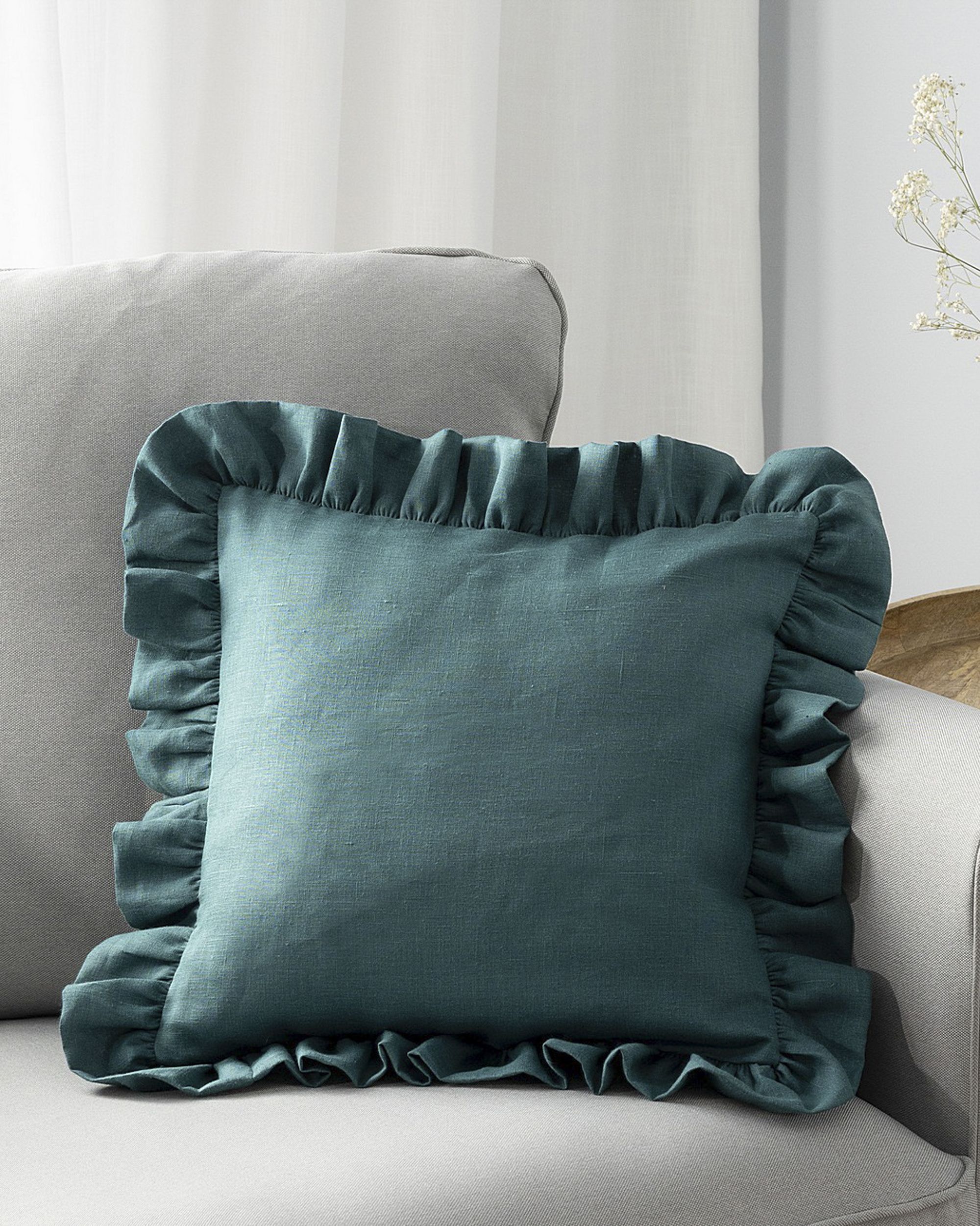 Paula pillowcase with frill colour green fabric semi-sheer, structured, linen (hover)