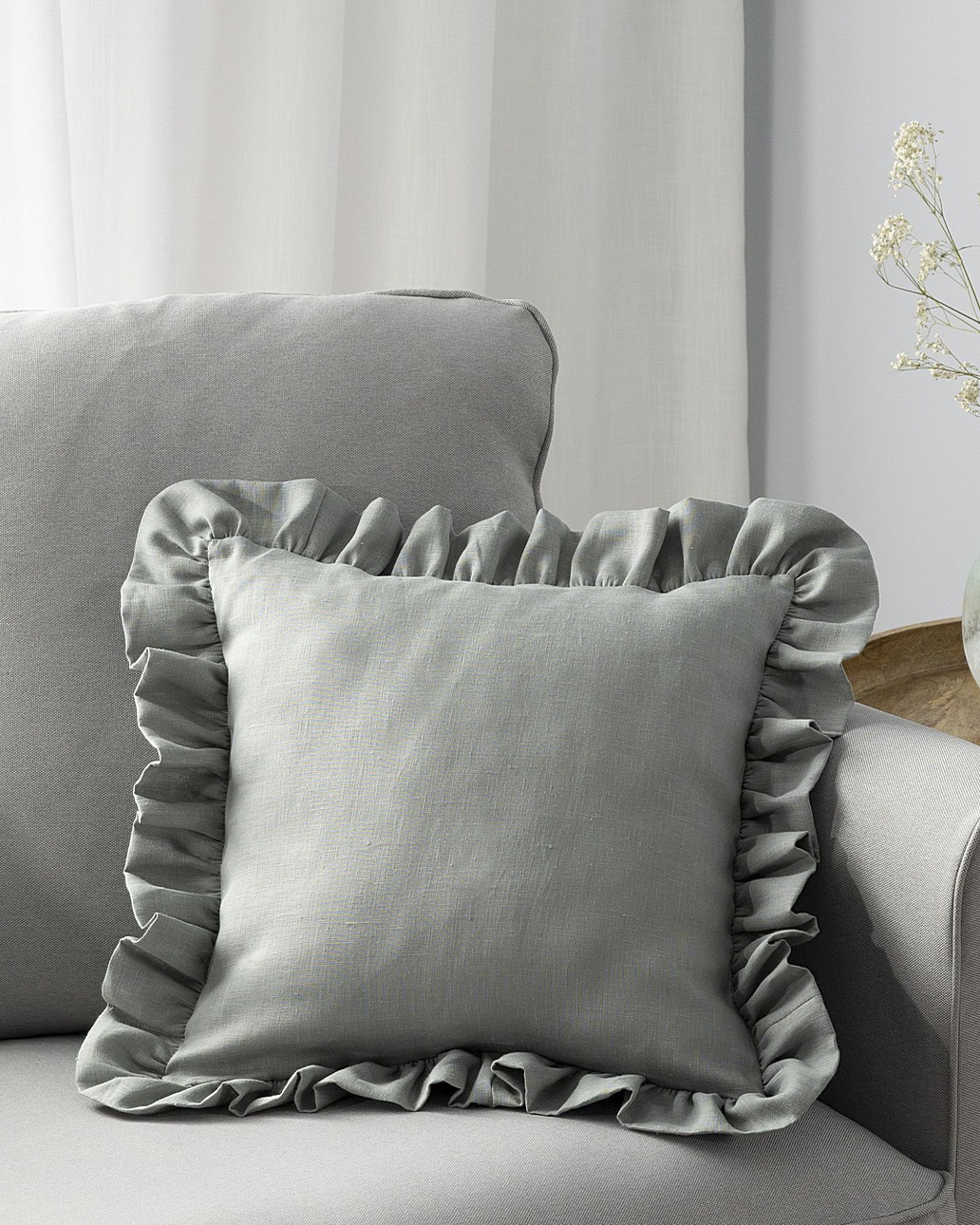 Paula pillowcase with frill colour grey fabric semi-sheer, structured, linen