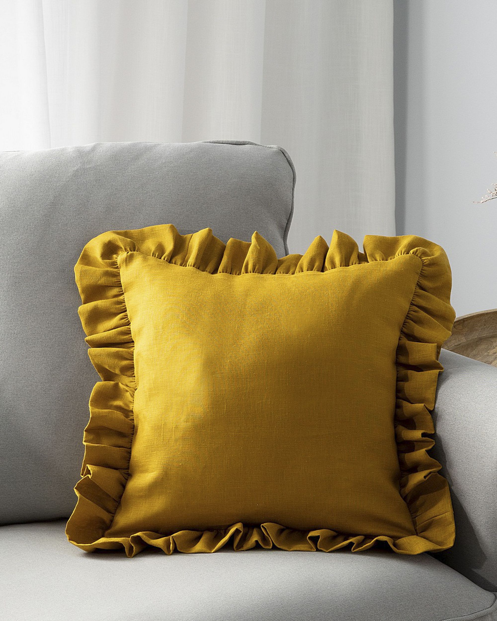 Paula pillowcase with frill colour yellow fabric semi-sheer, structured, linen (hover)