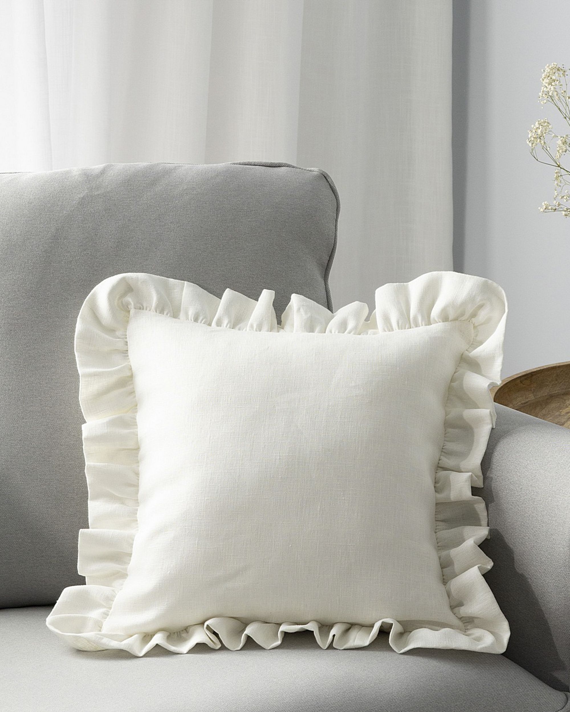 Paula pillowcase with frill colour white fabric semi-sheer, structured, linen (hover)