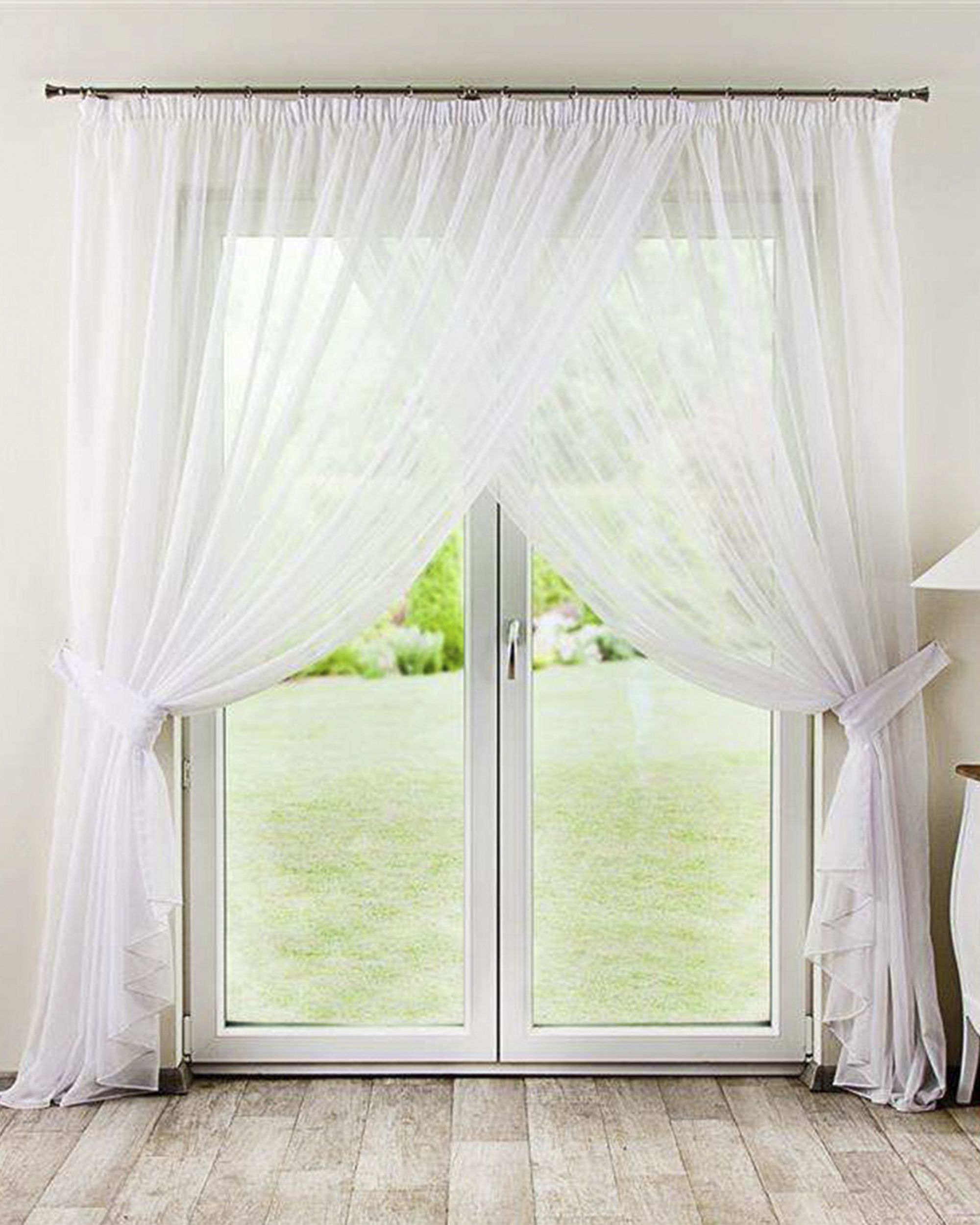 Amelia pleated net curtain with tie backs - 2 pcs. colour white fabric semi-sheer, gloss