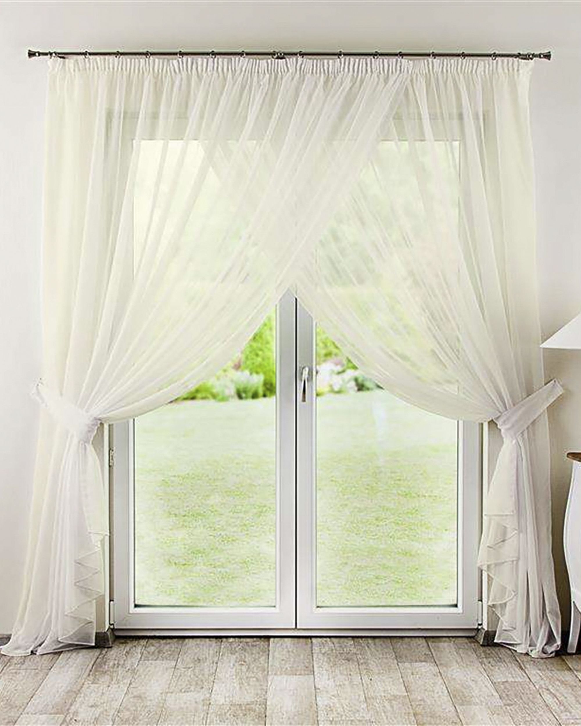 Amelia pleated net curtain with tie backs - 2 pcs. colour cream fabric semi-sheer, gloss
