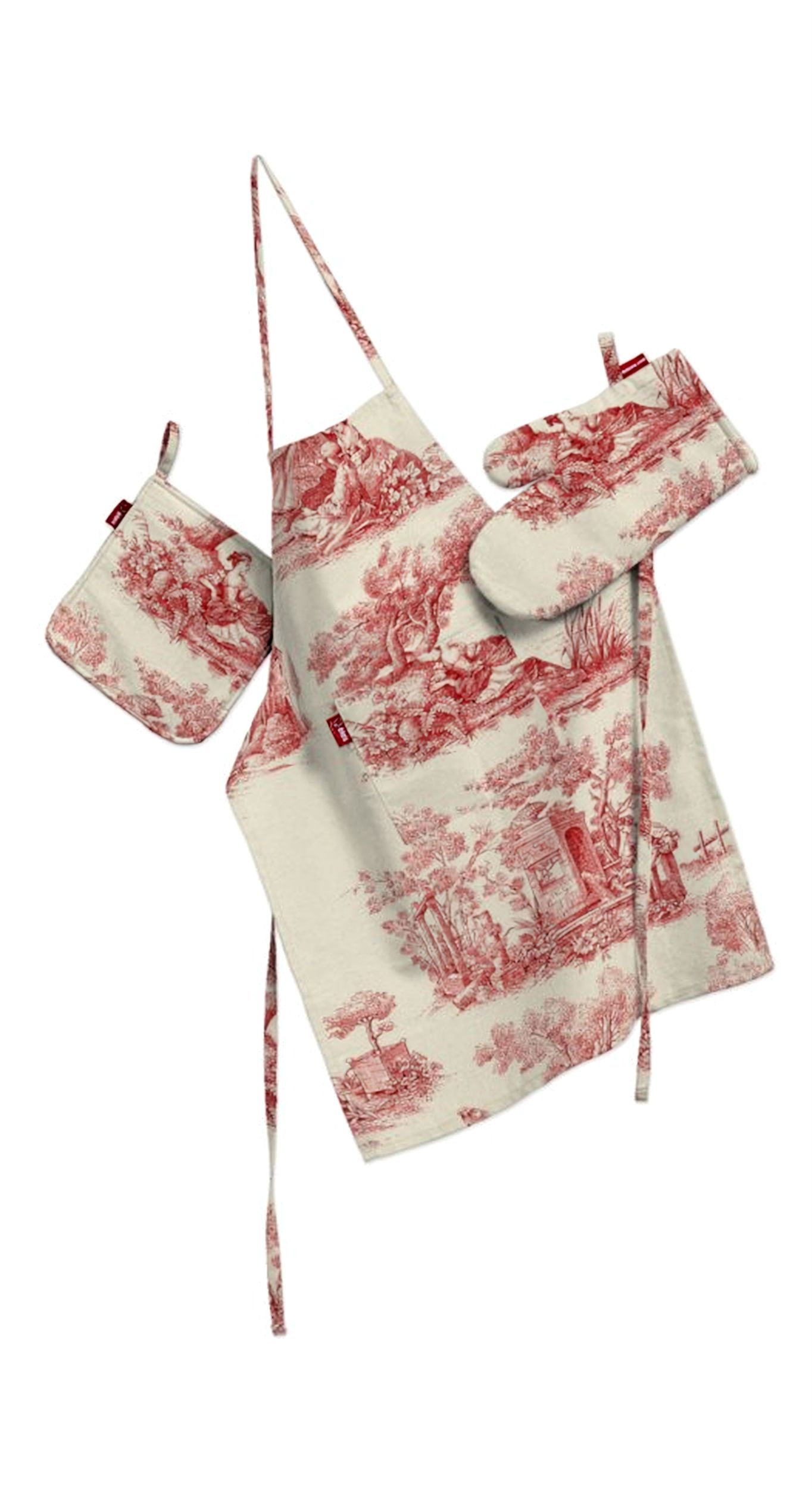 Kitchen set: apron, oven glove and pot holder colour red fabric patterned