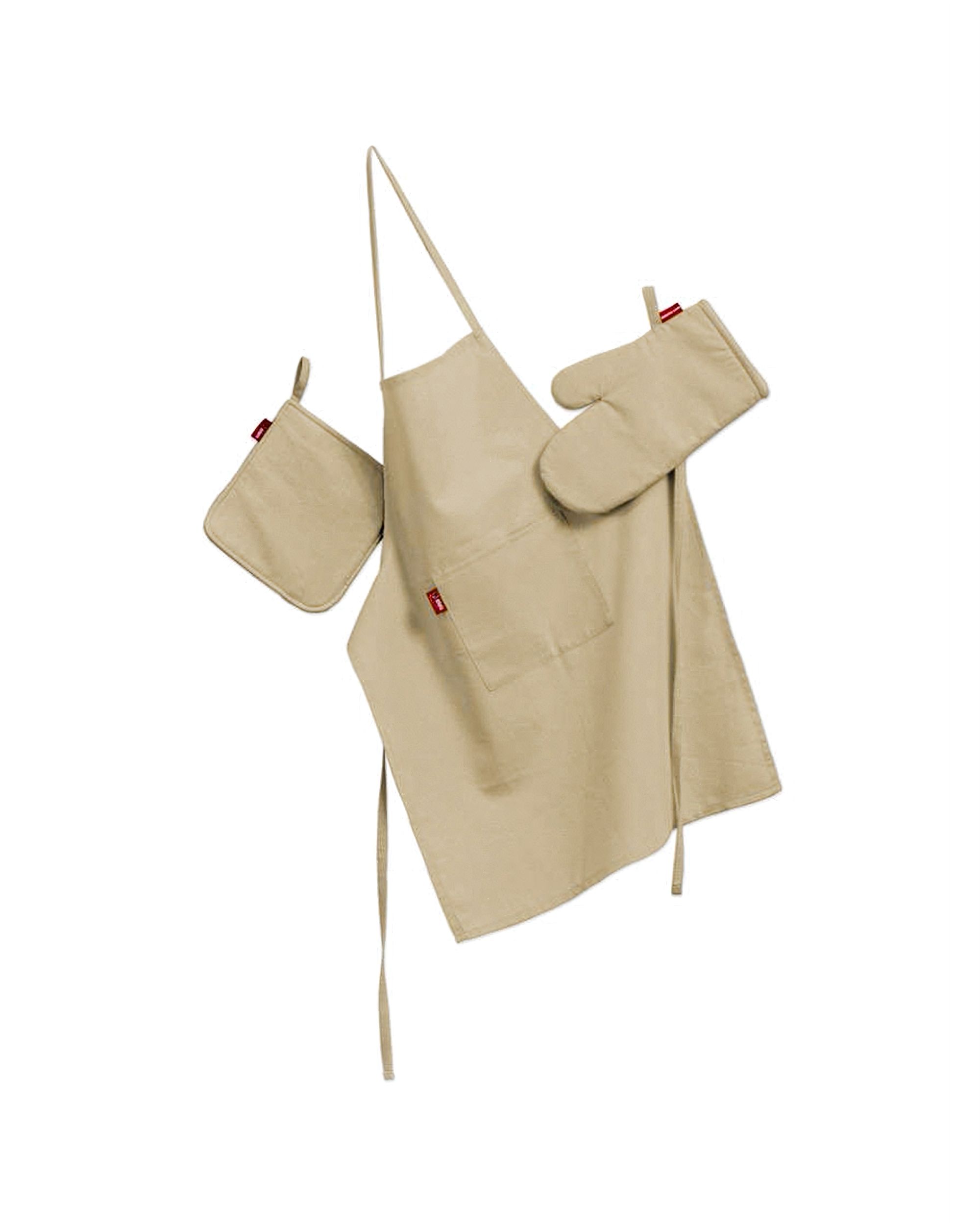 Kitchen set: apron, oven glove and pot holder colour beige