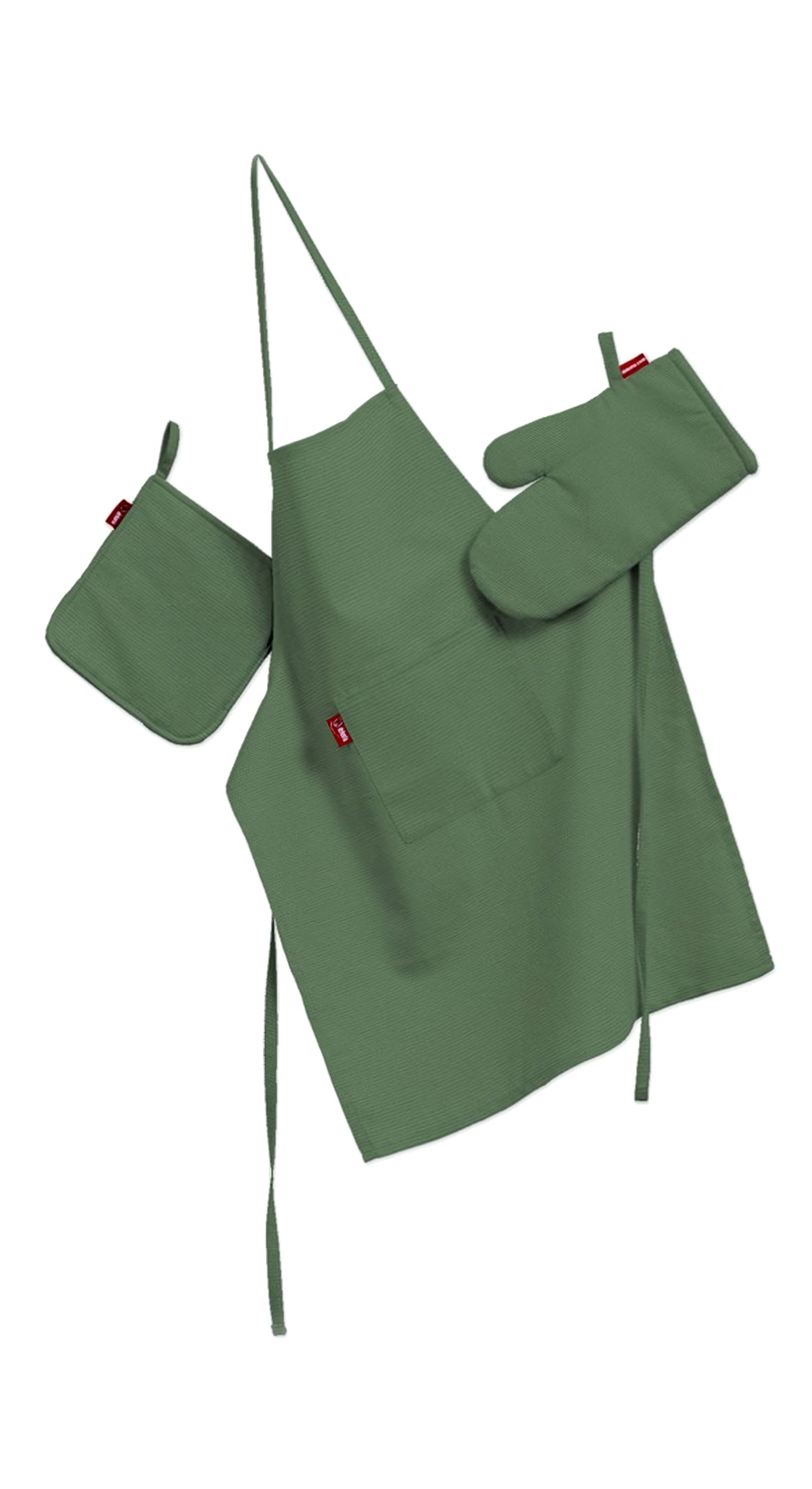 Kitchen set: apron, oven glove and pot holder colour green