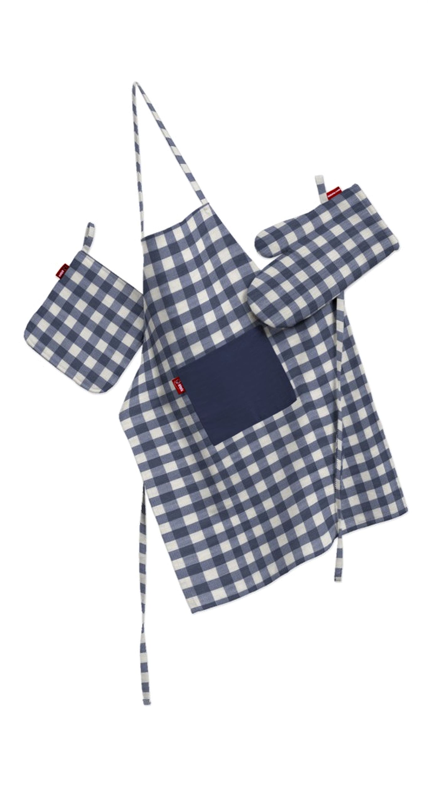 Kitchen set: apron, oven glove and pot holder colour navy blue fabric patterned