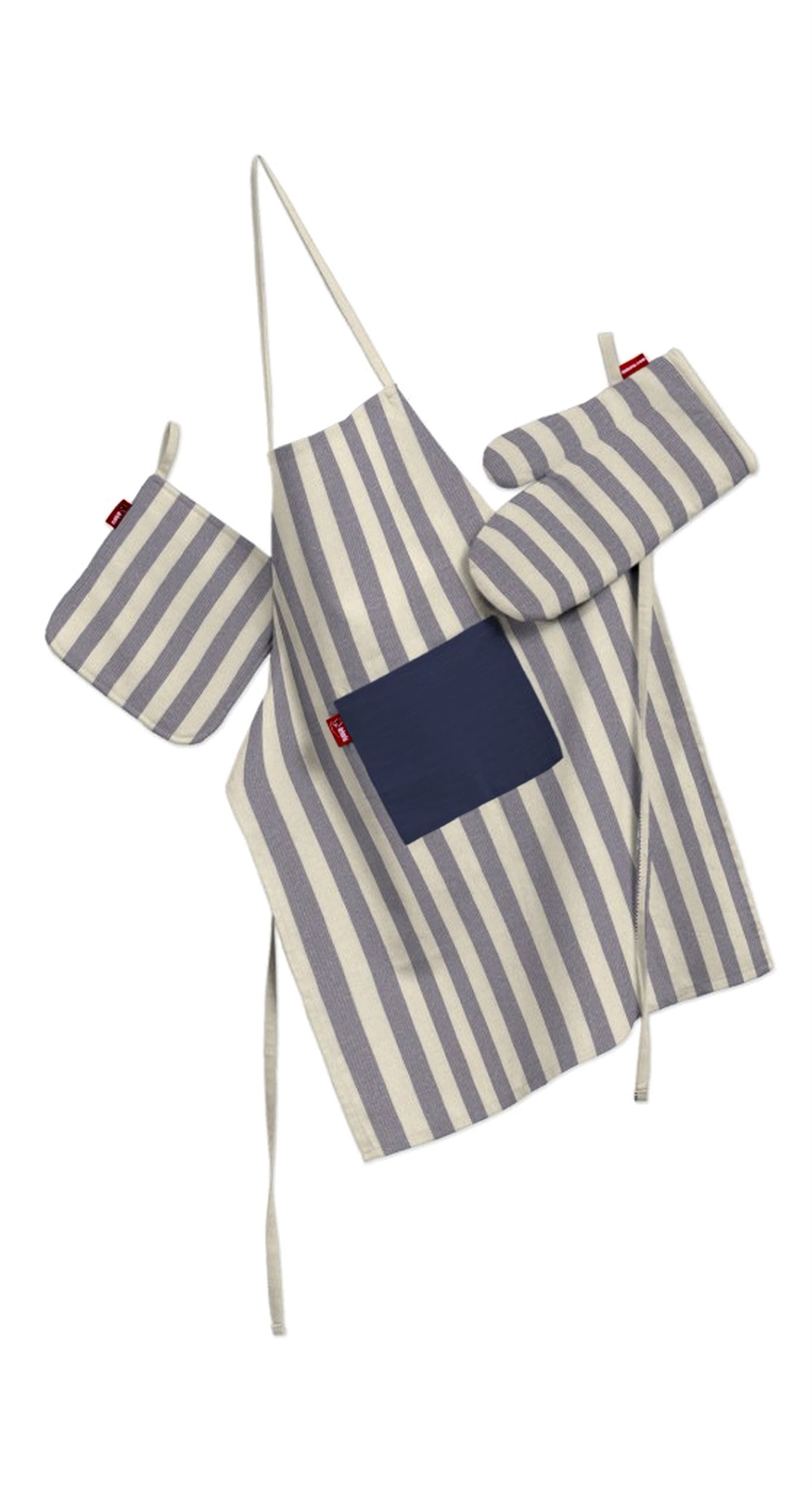 Kitchen set: apron, oven glove and pot holder colour navy blue fabric patterned