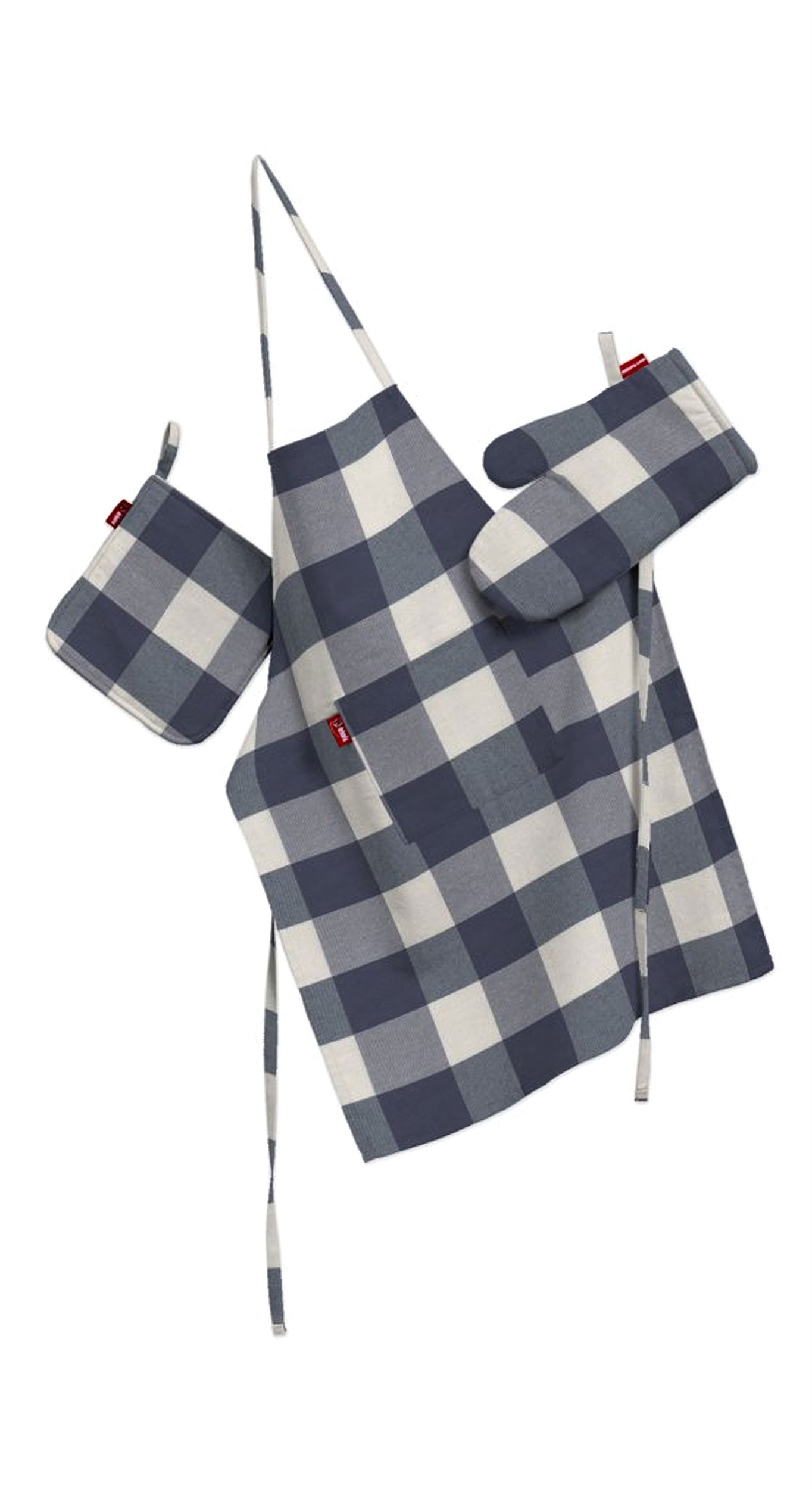 Kitchen set: apron, oven glove and pot holder colour navy blue fabric patterned