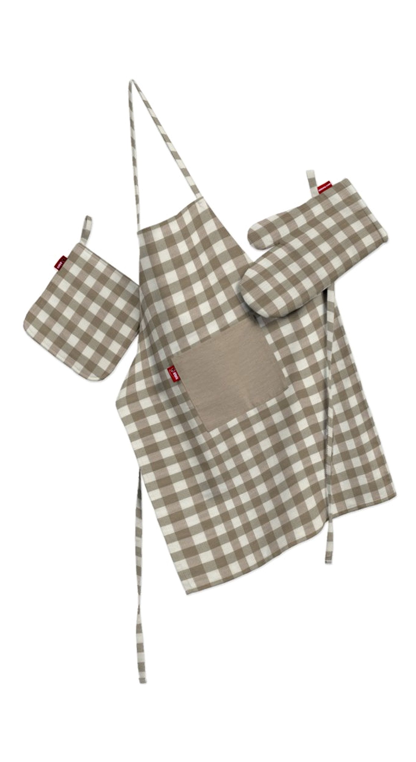 Kitchen set: apron, oven glove and pot holder colour beige fabric patterned