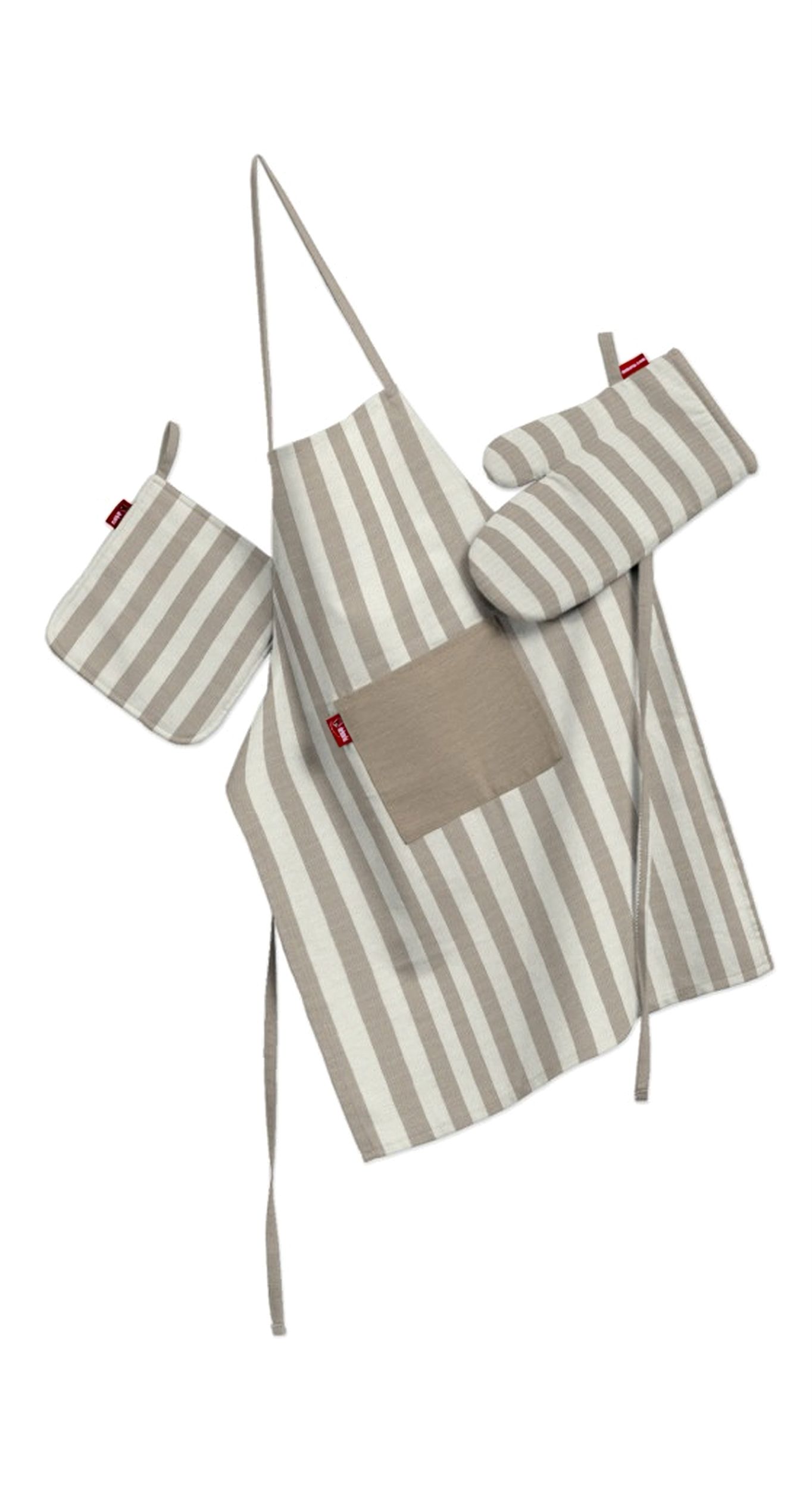 Kitchen set: apron, oven glove and pot holder colour beige fabric patterned