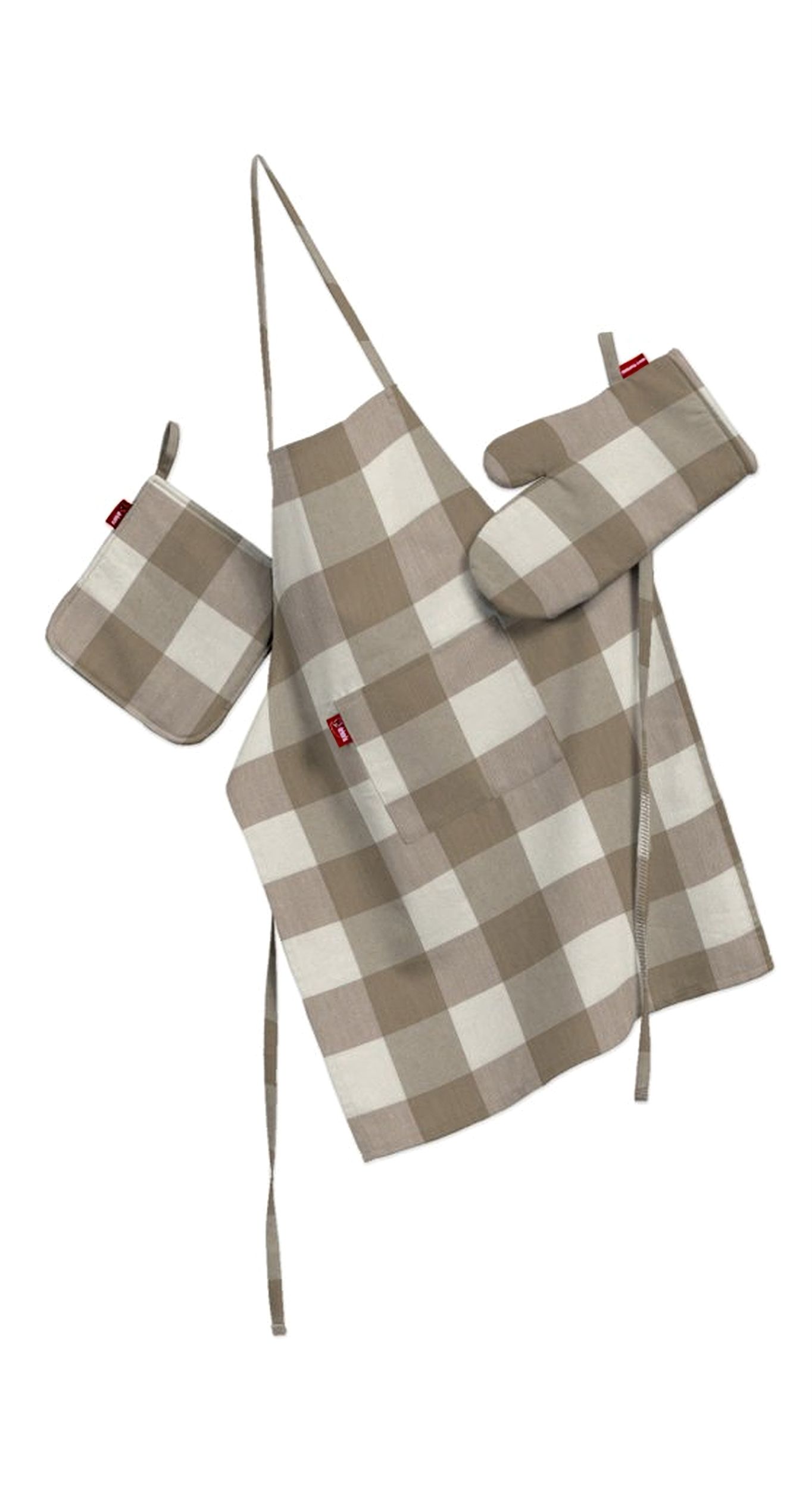 Kitchen set: apron, oven glove and pot holder colour beige fabric patterned