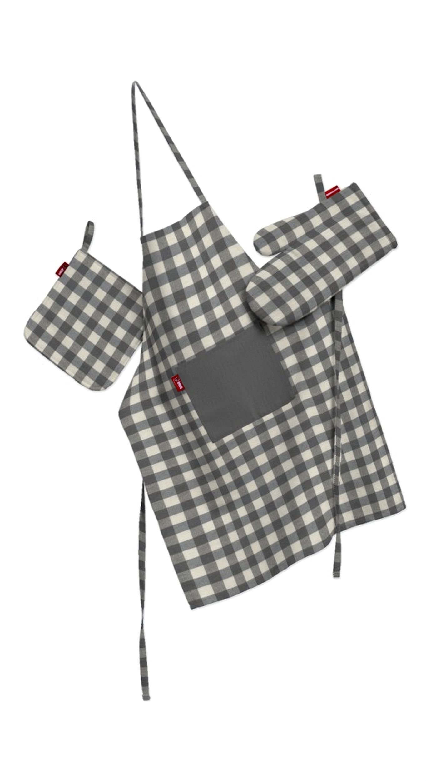 Kitchen set: apron, oven glove and pot holder colour grey fabric patterned