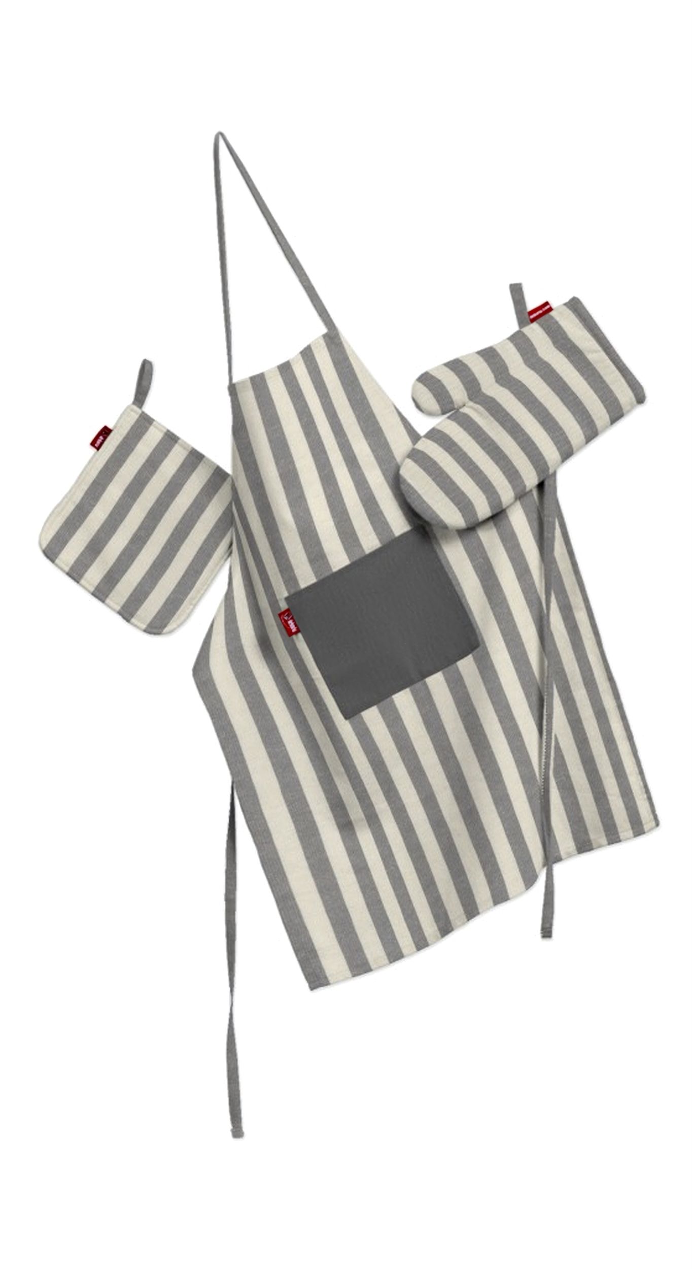 Kitchen set: apron, oven glove and pot holder colour grey fabric patterned