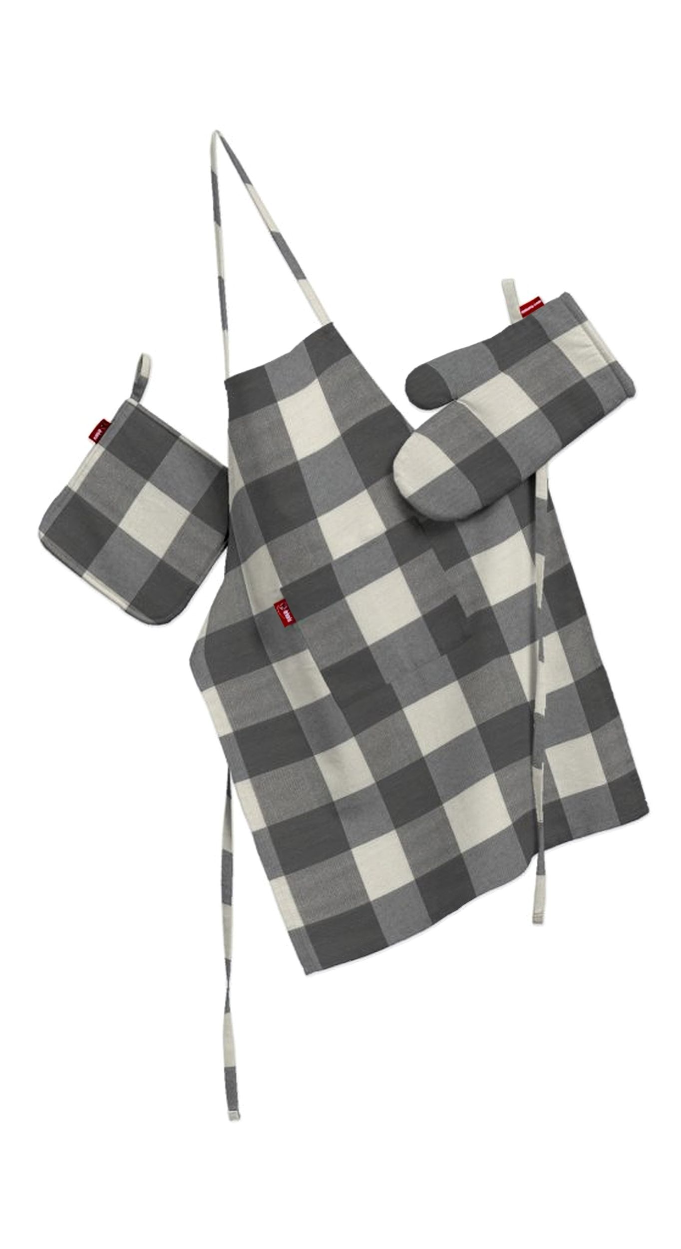 Kitchen set: apron, oven glove and pot holder colour grey fabric patterned