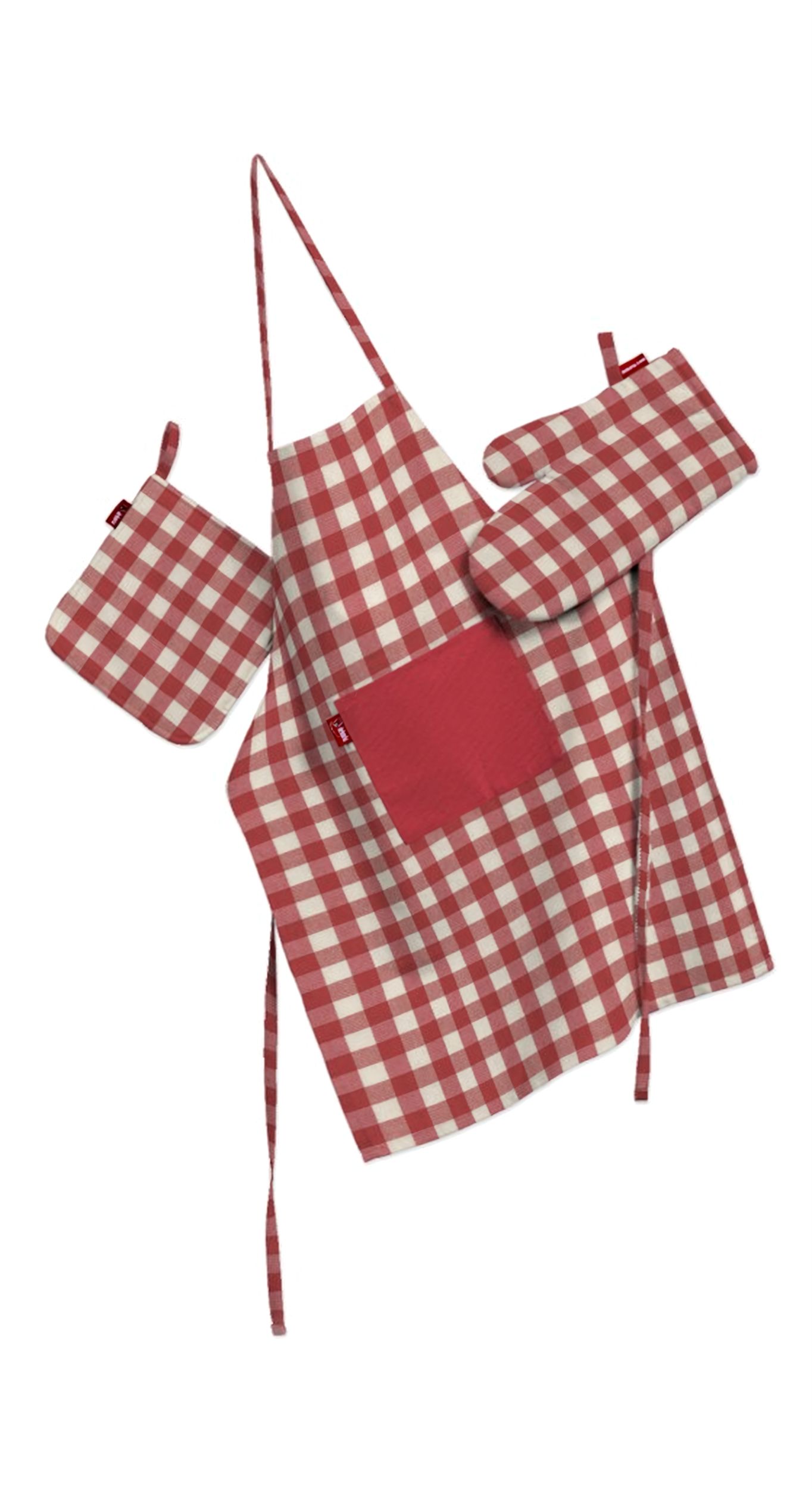 Kitchen set: apron, oven glove and pot holder colour red fabric patterned