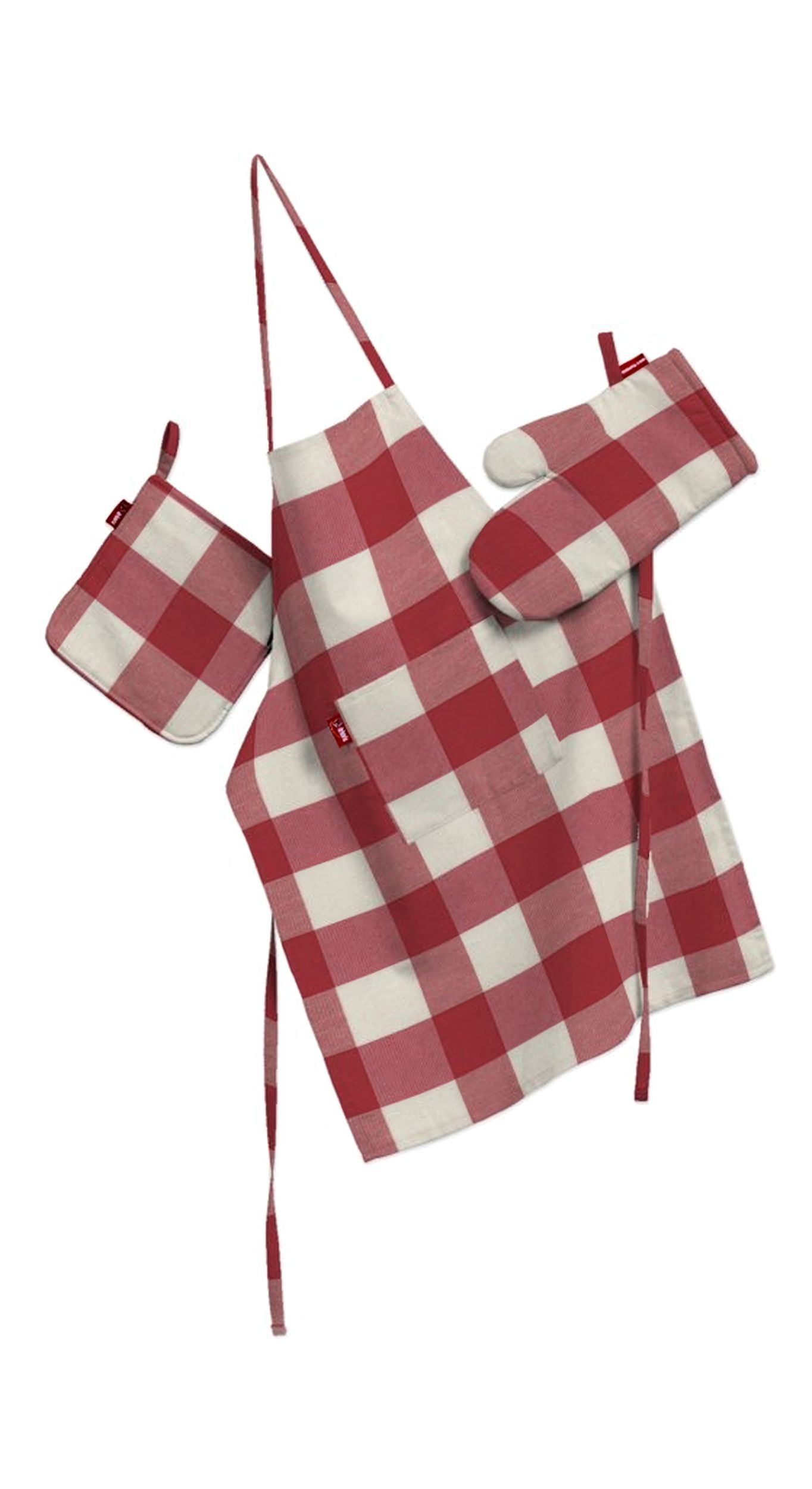 Kitchen set: apron, oven glove and pot holder colour red fabric patterned