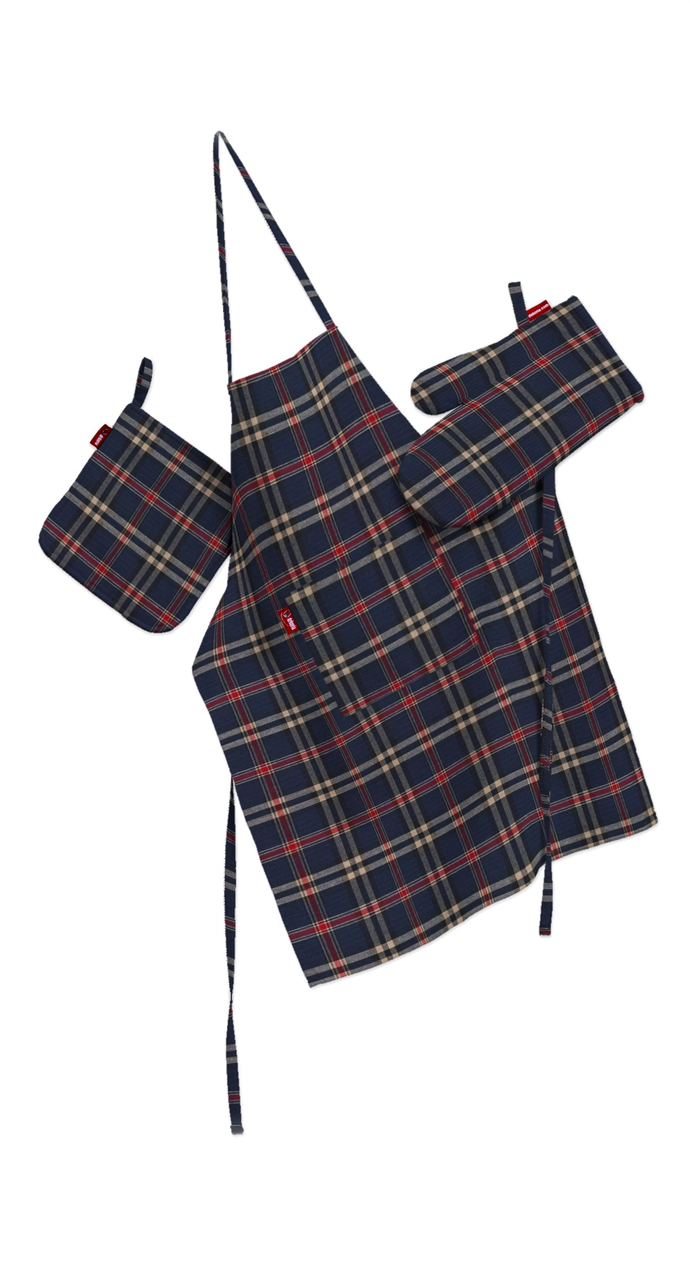 Kitchen set: apron, oven glove and pot holder colour navy blue fabric patterned
