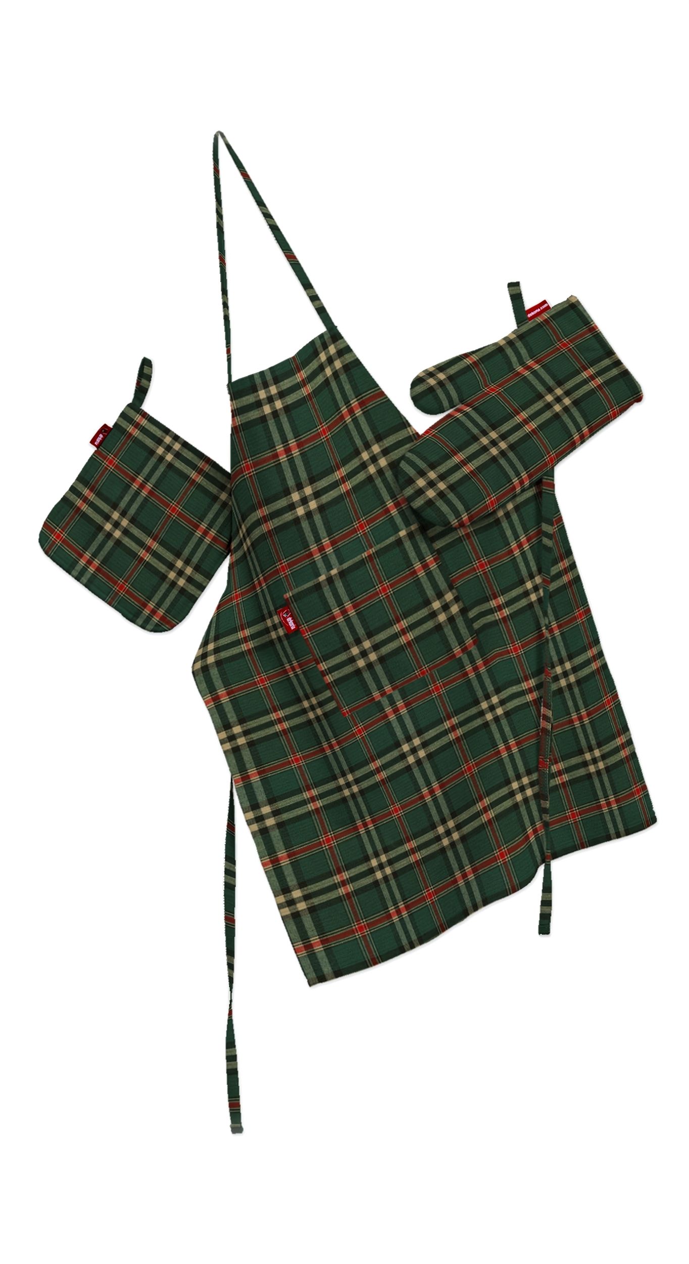 Kitchen set: apron, oven glove and pot holder colour green fabric patterned