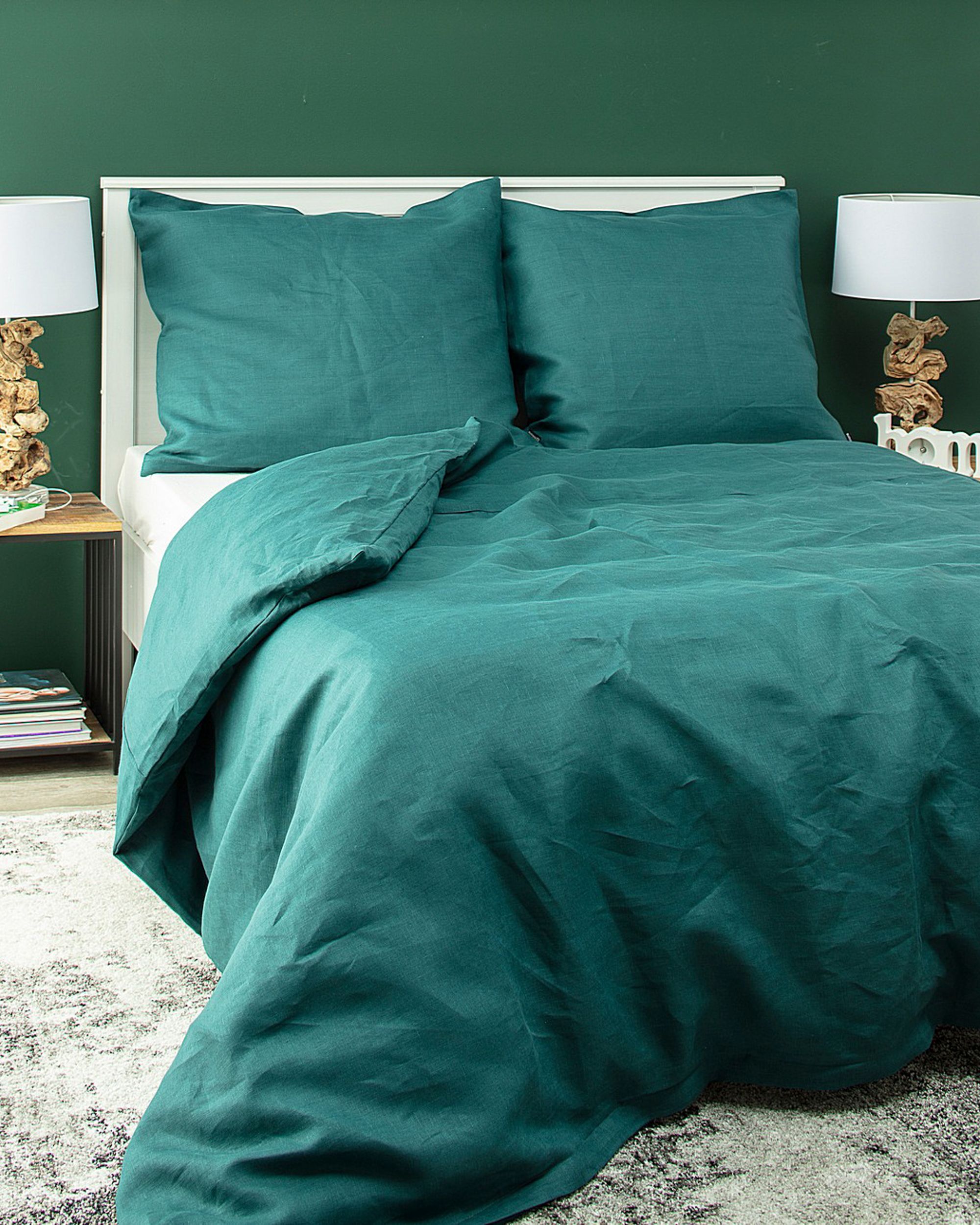 Linen bedding set Linen 160x200 cm colour green fabric semi-sheer, structured, linen