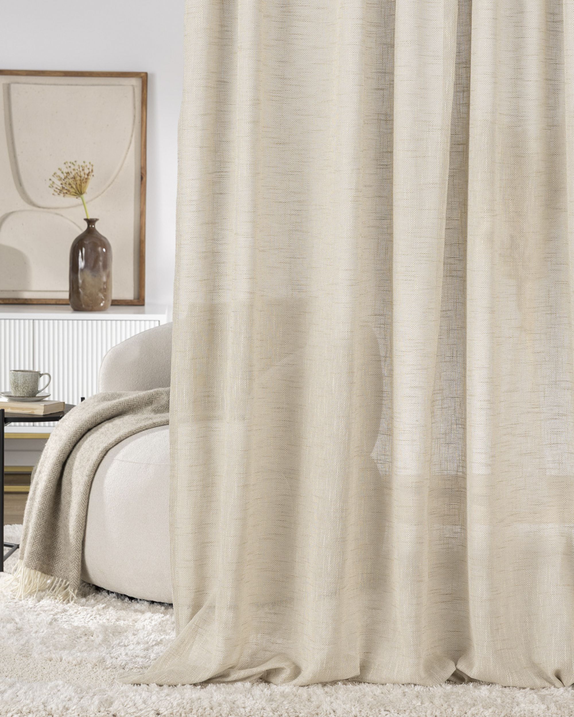 Wave Curtain colour beige fabric semi-sheer, structured (hover)
