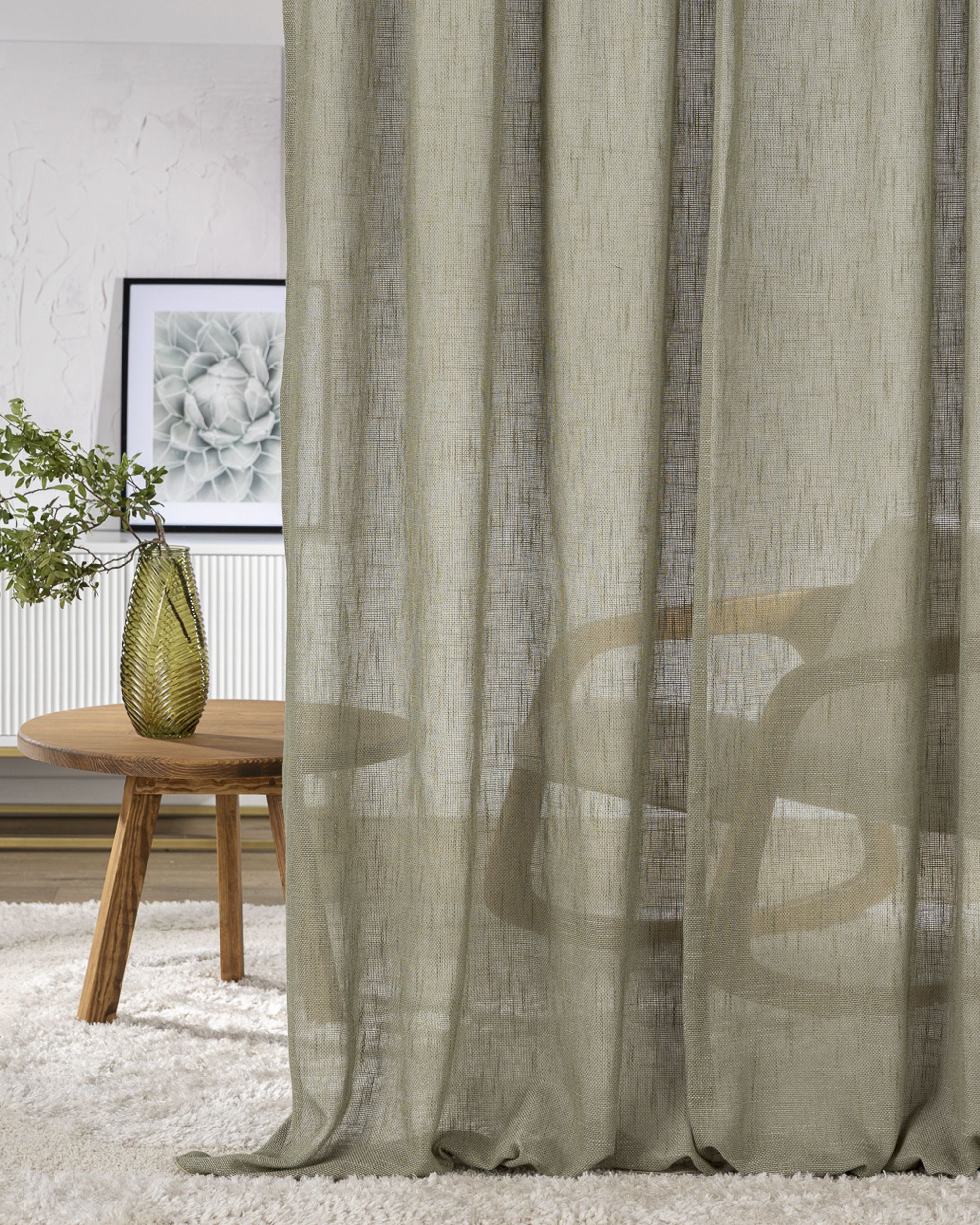 Wave Curtain colour green fabric semi-sheer, structured (hover)