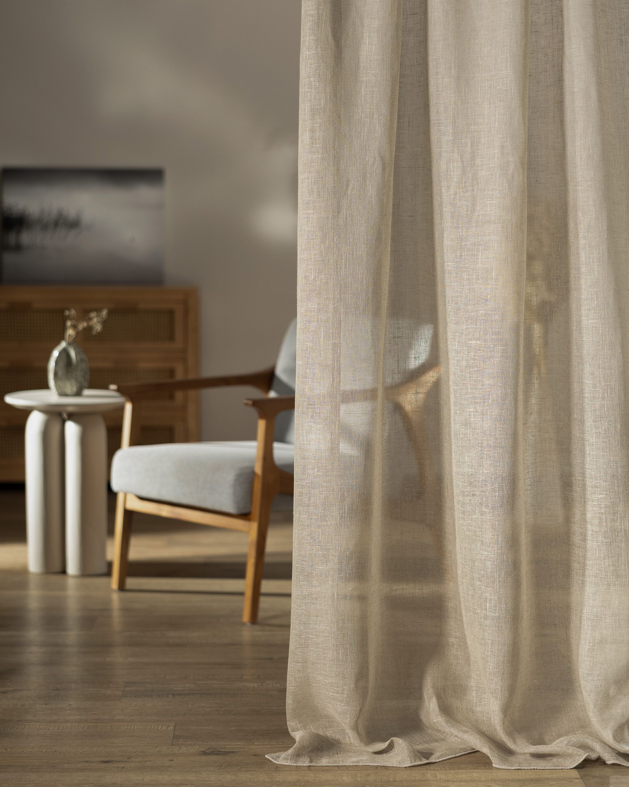 Wave Curtain colour beige fabric semi-sheer, structured, linen (hover)