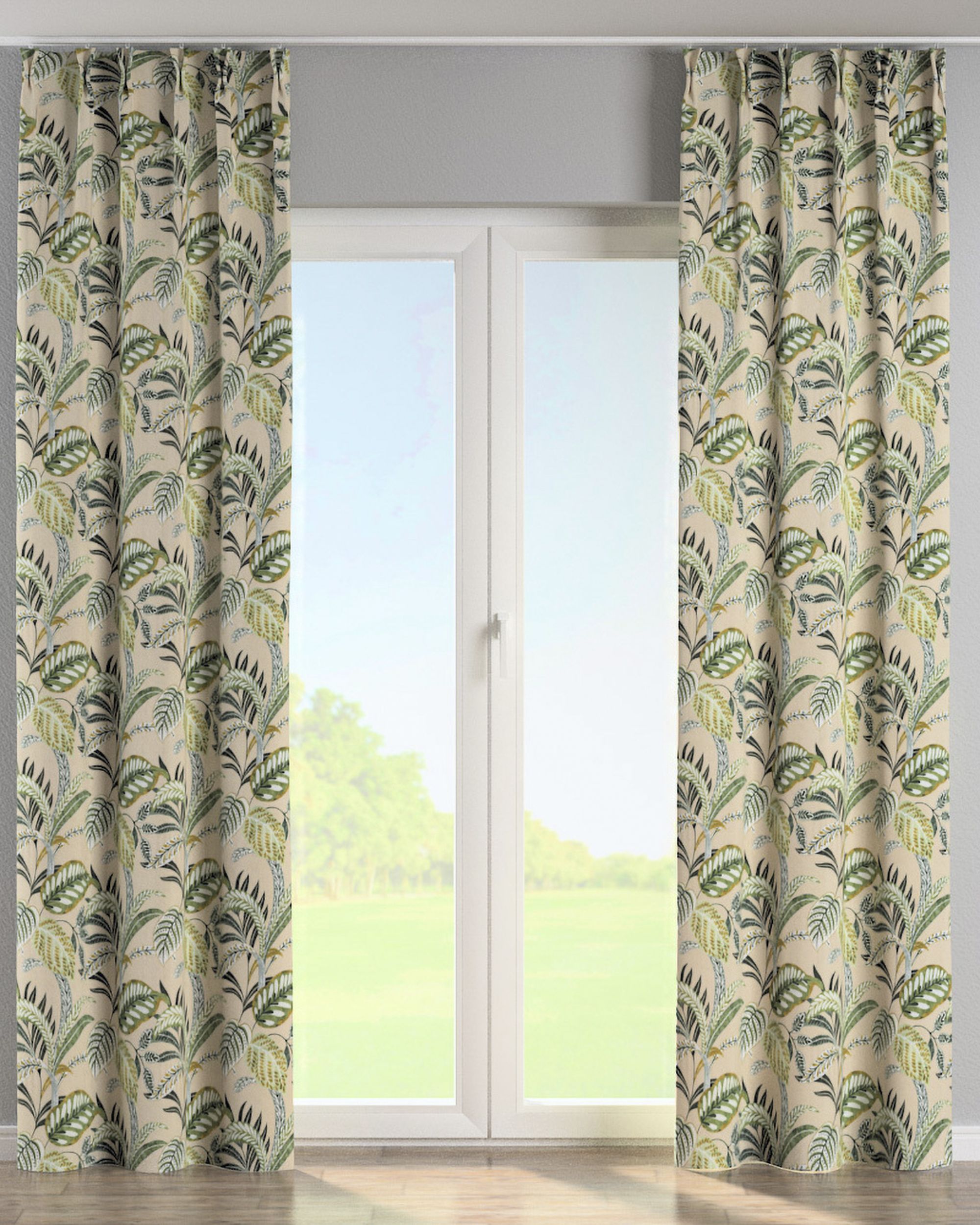 Double pinch pleat curtain colour green fabric patterned