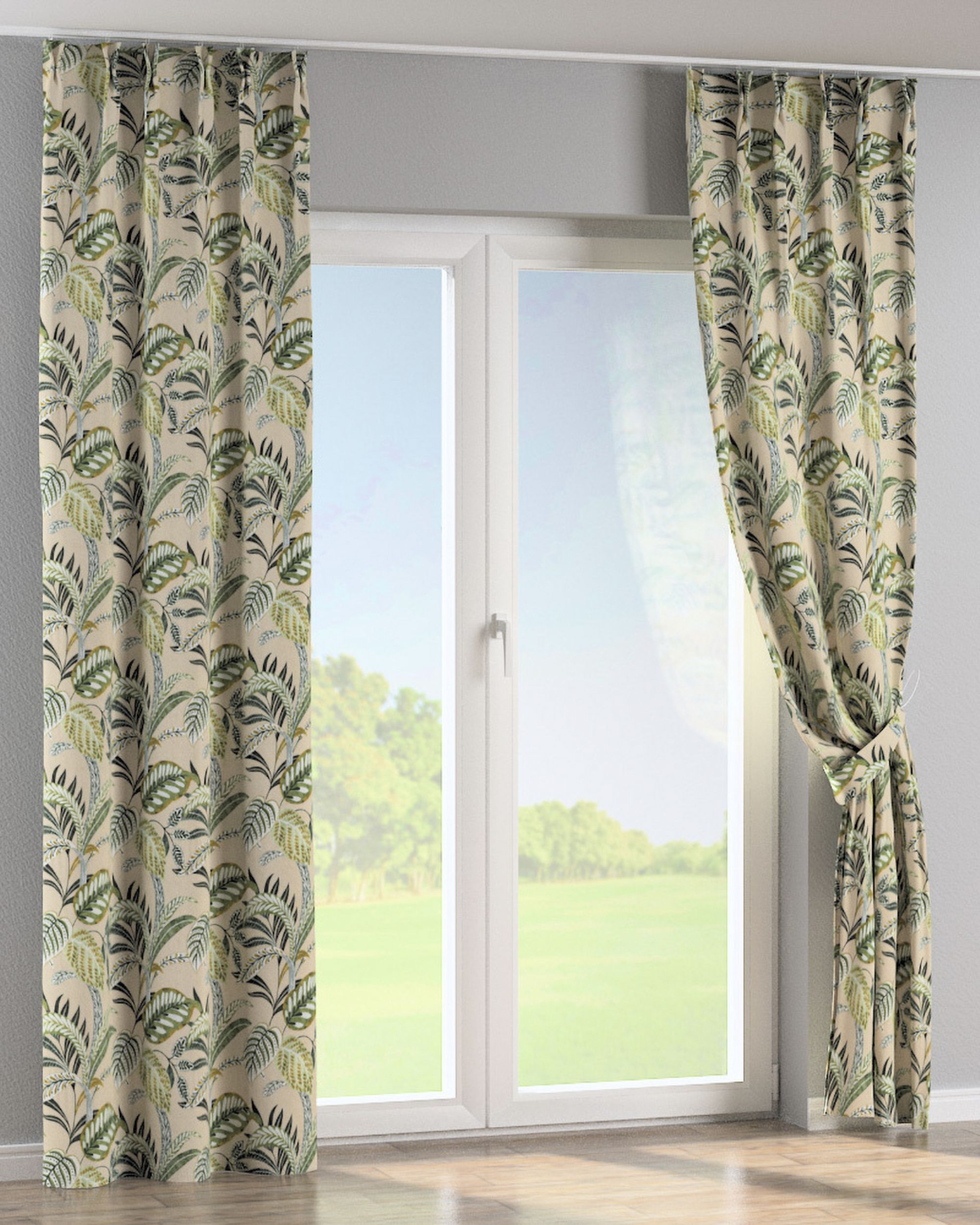 Double pinch pleat curtain colour green fabric patterned (hover)