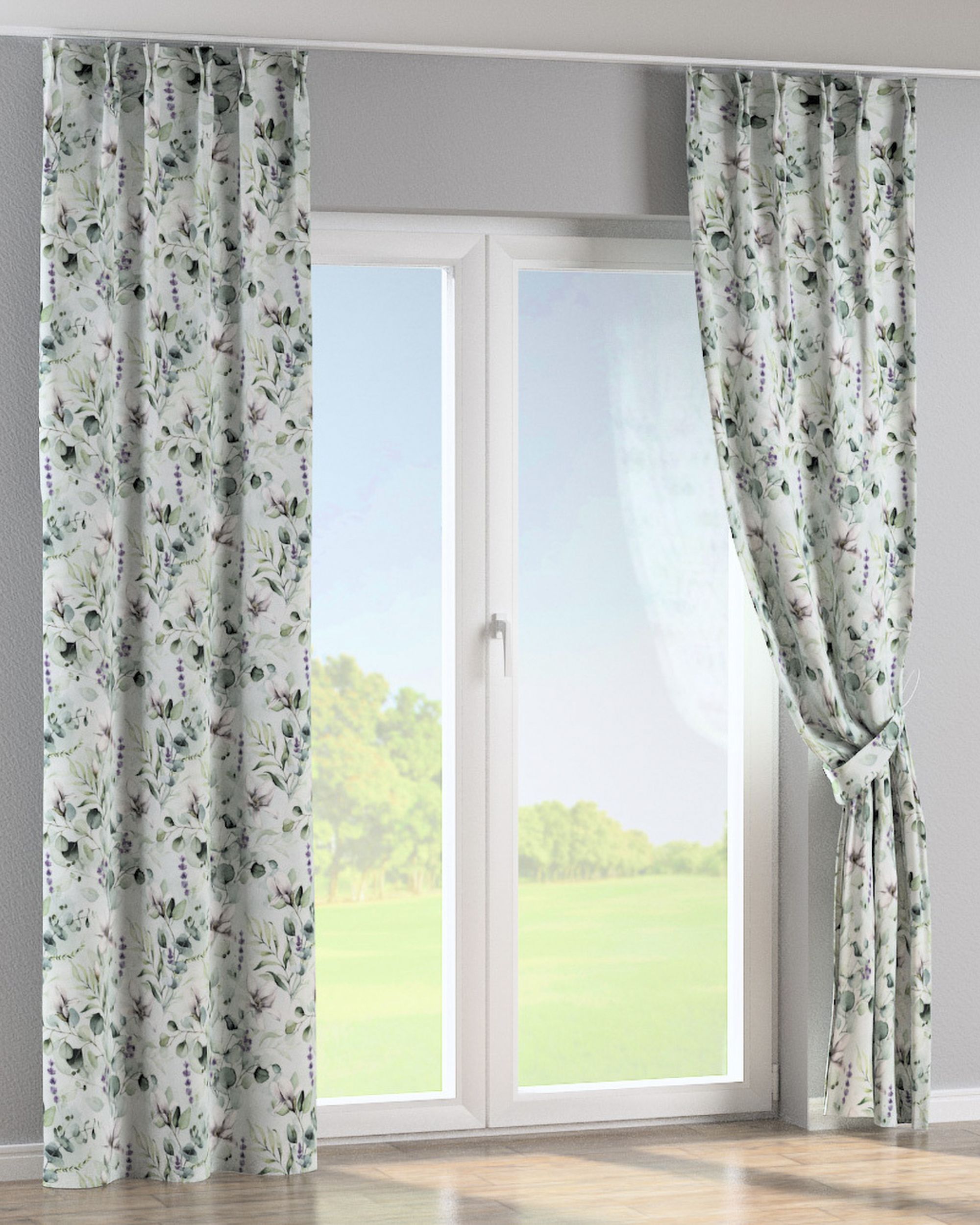 Double pinch pleat curtain colour green fabric patterned (hover)