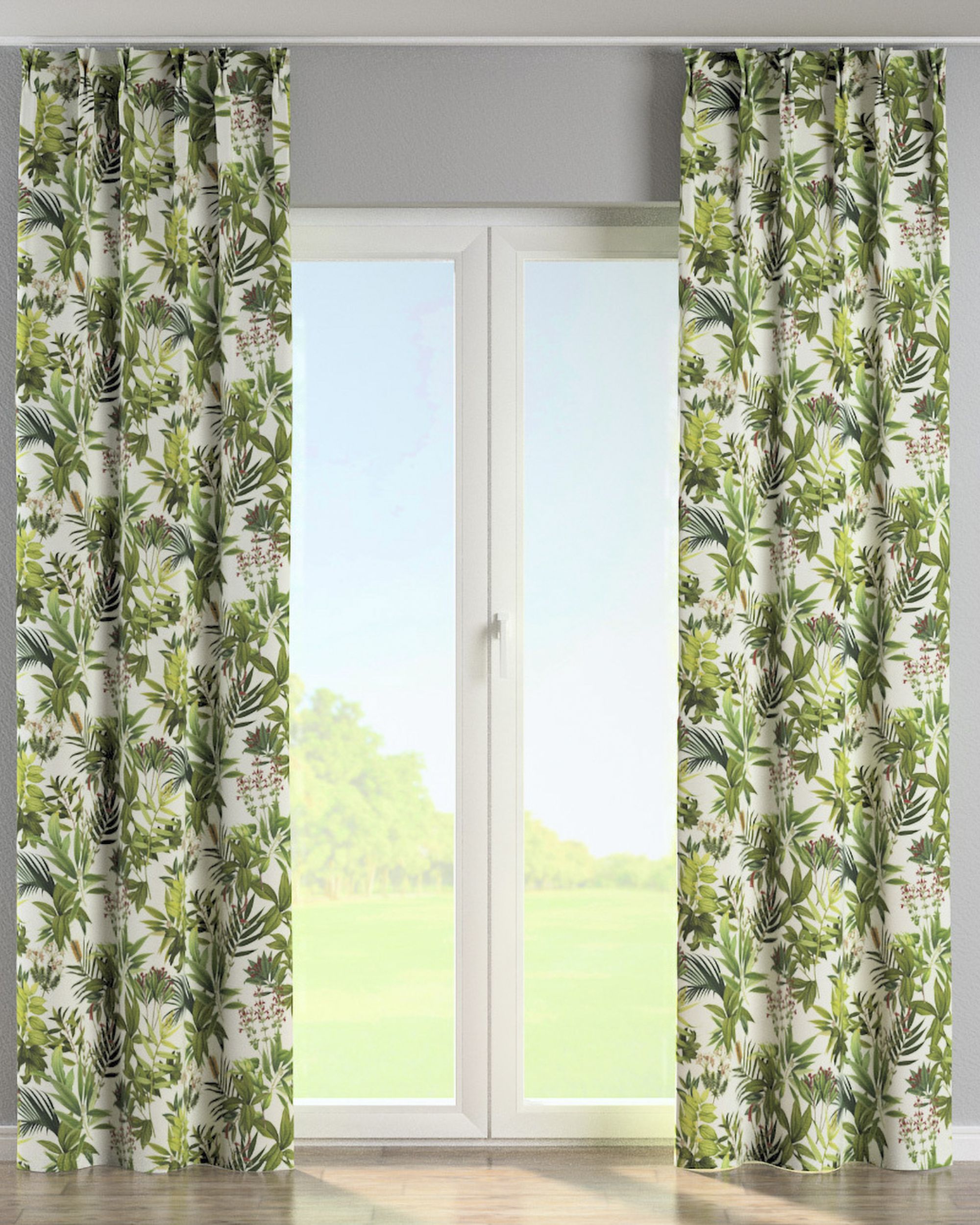 Double pinch pleat curtain colour green fabric patterned