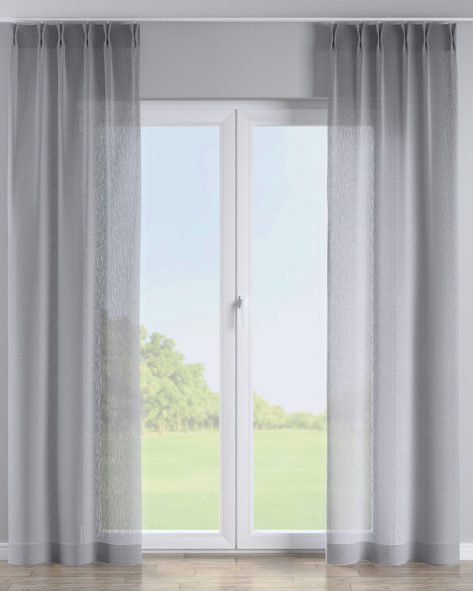 Double pinch pleat curtain colour grey fabric semi-sheer, structured