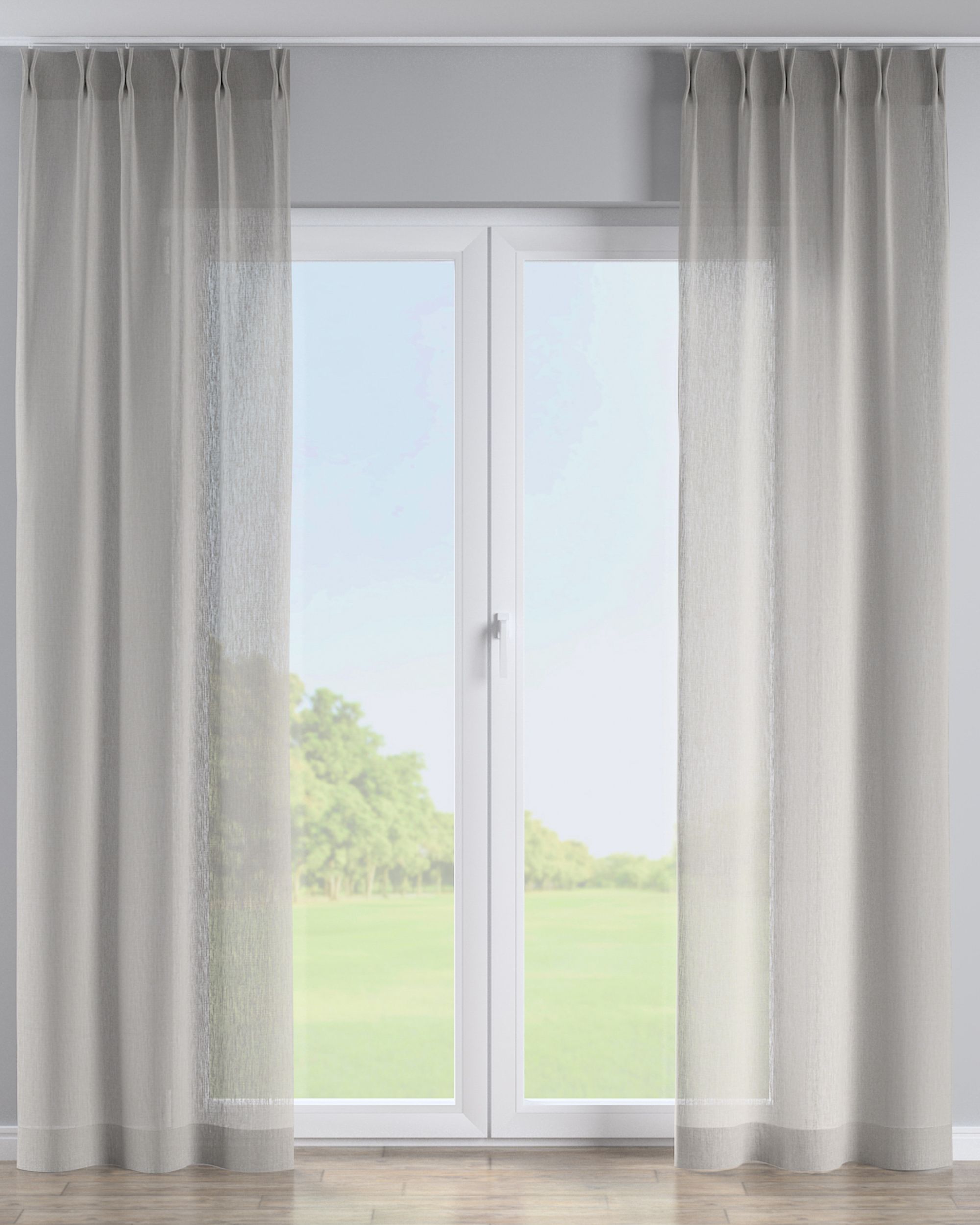 Double pinch pleat curtain colour beige fabric semi-sheer, structured