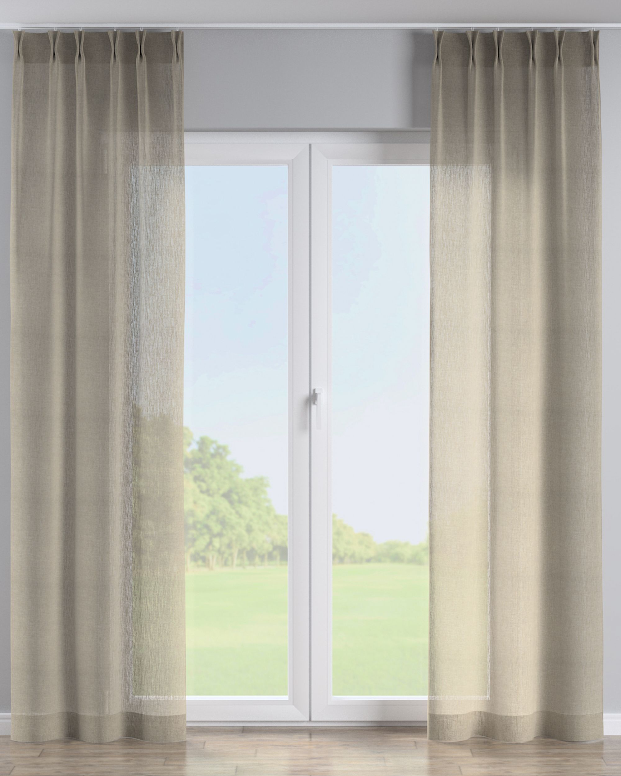 Double pinch pleat curtain colour beige fabric semi-sheer, structured