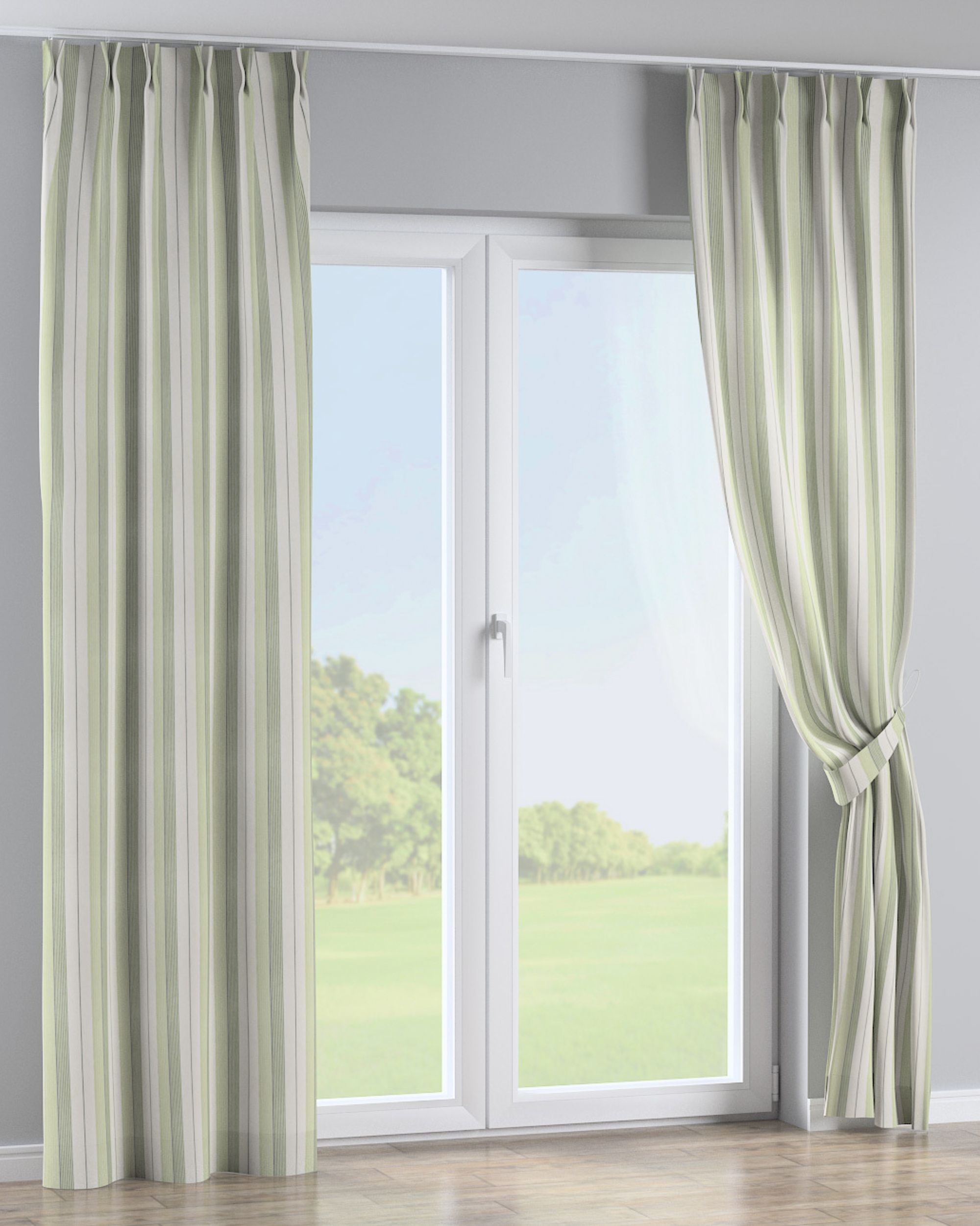 Double pinch pleat curtain colour green fabric structured, patterned (hover)