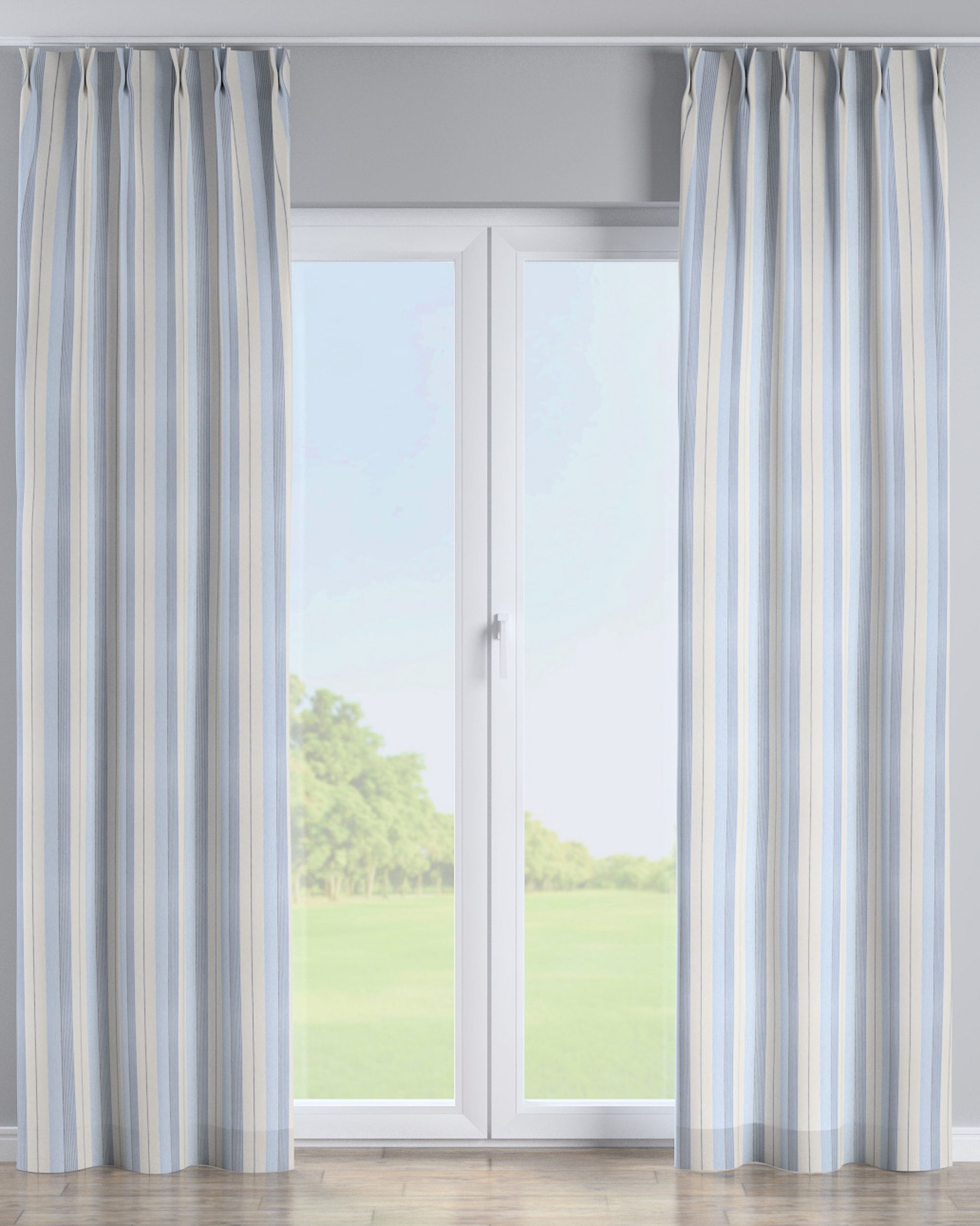 Double pinch pleat curtain colour blue fabric structured, patterned
