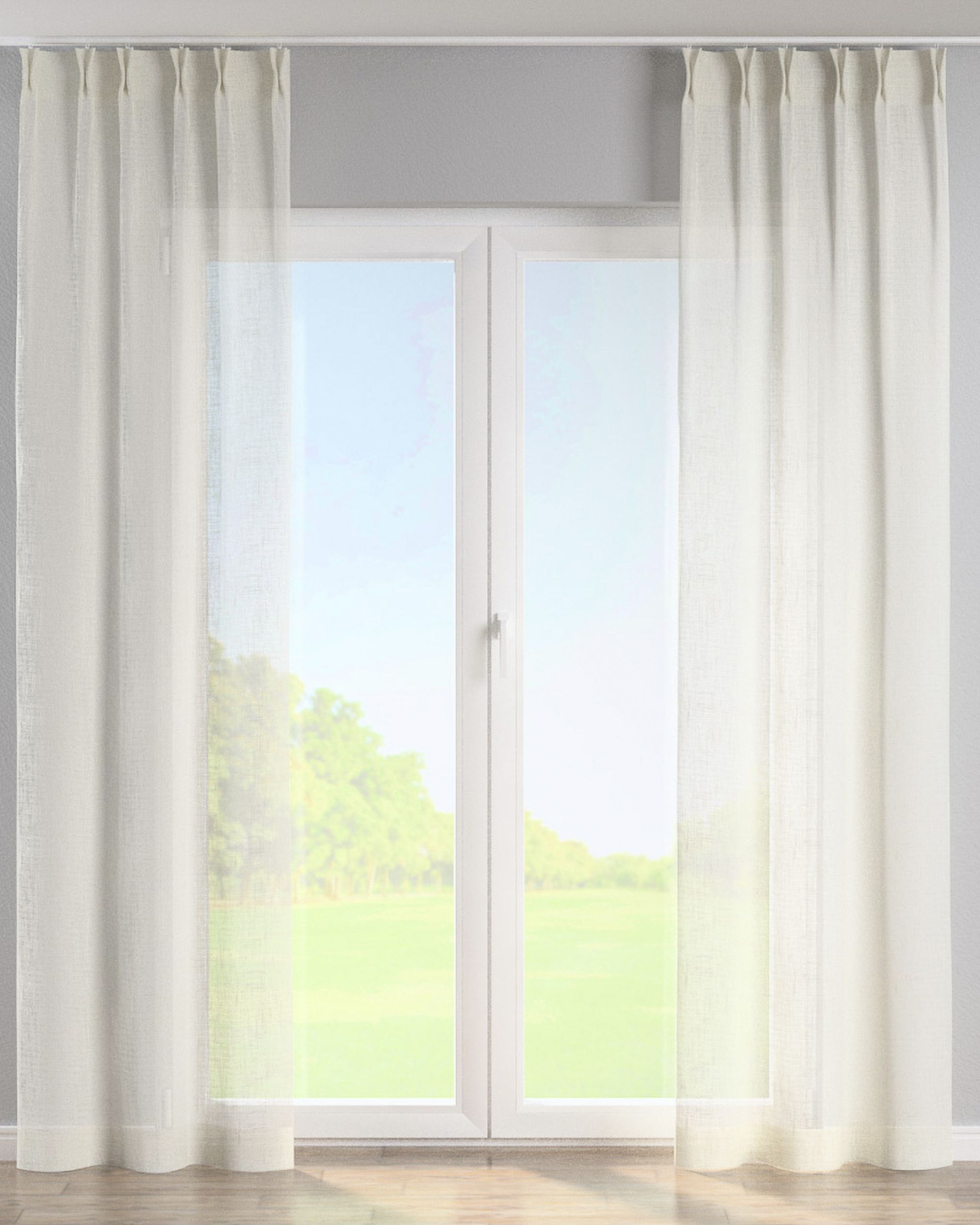 Double pinch pleat curtain colour white fabric semi-sheer, gloss, structured