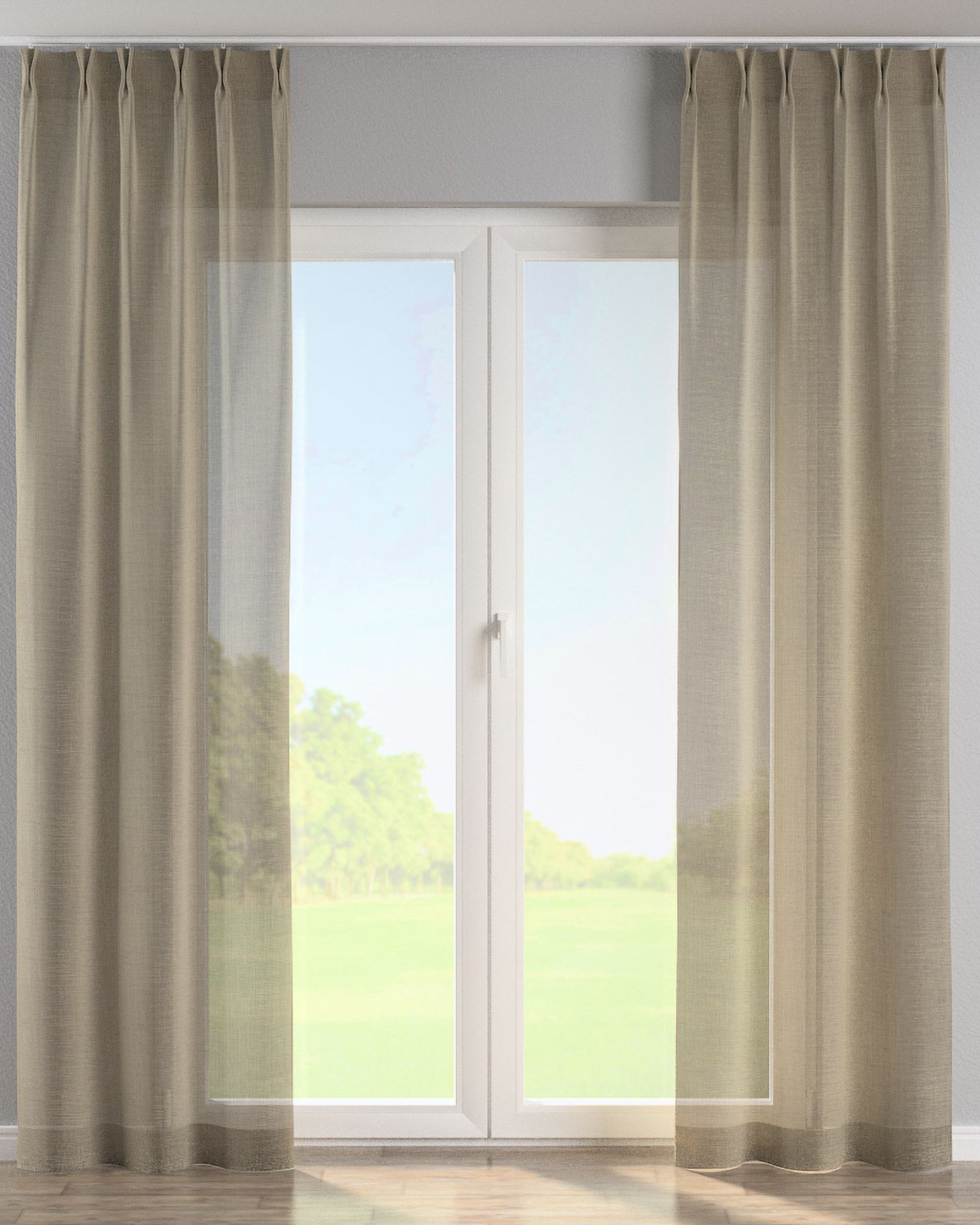 Double pinch pleat curtain colour beige fabric semi-sheer, gloss, structured