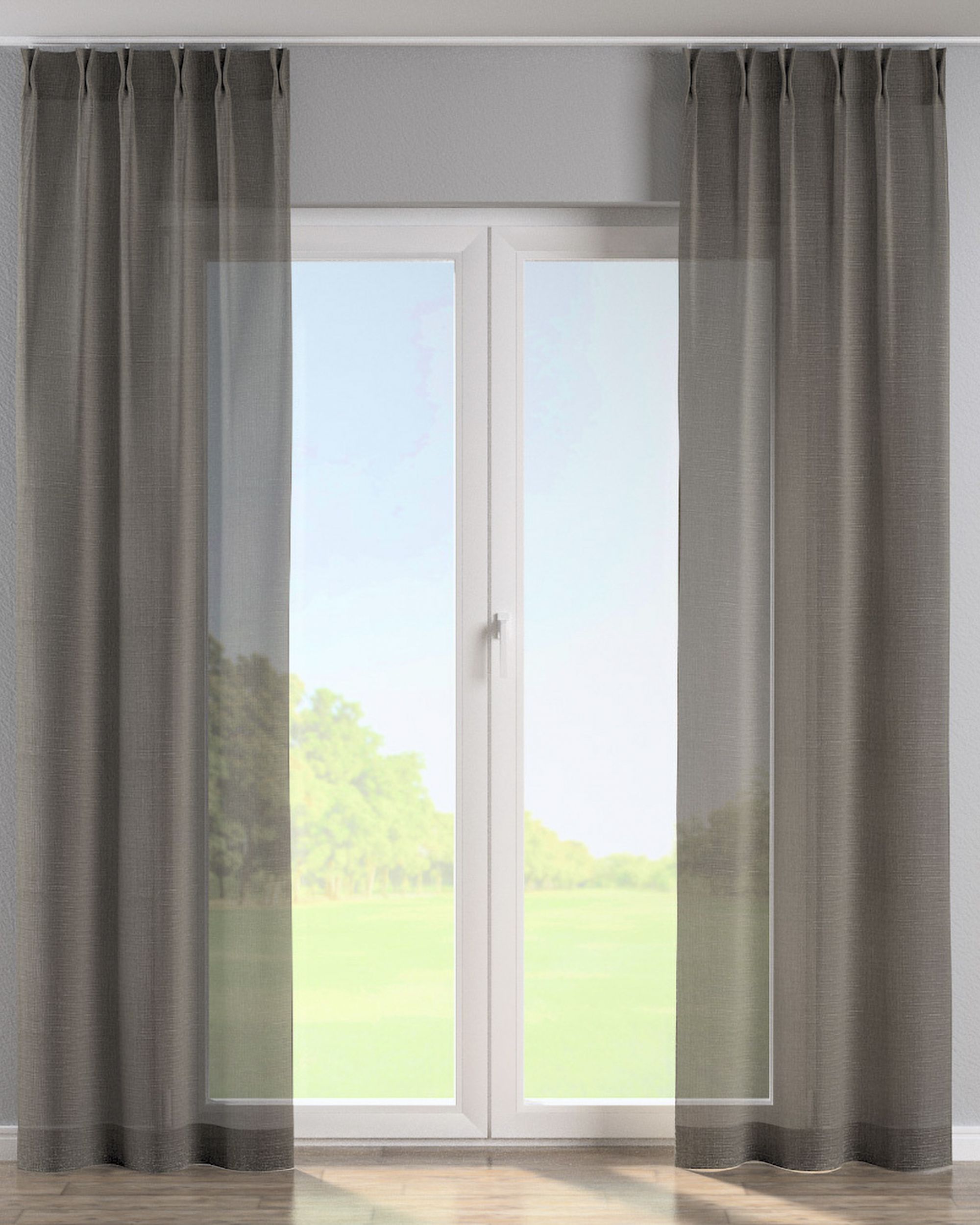 Double pinch pleat curtain colour grey fabric semi-sheer, structured