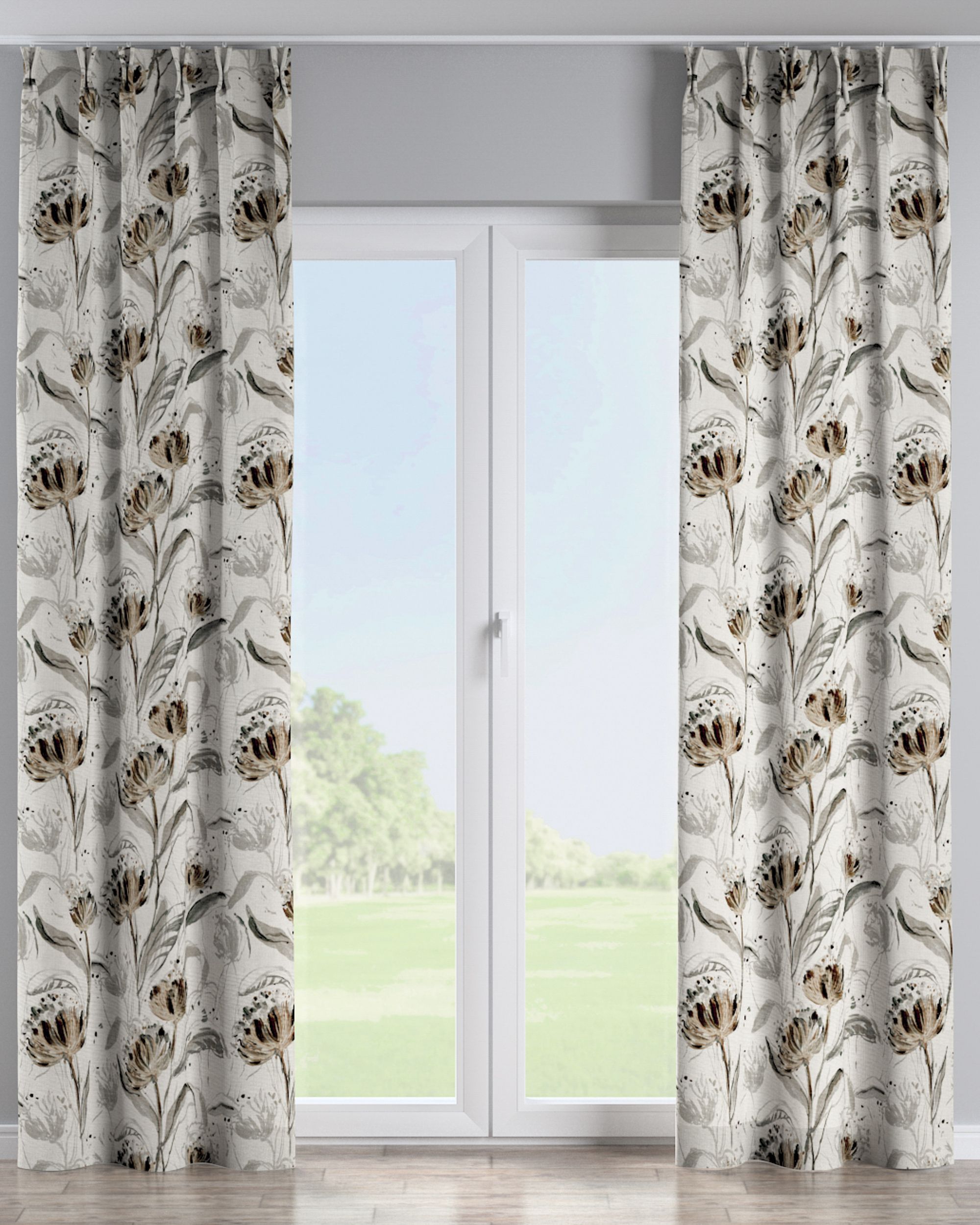 Double pinch pleat curtain colour grey fabric structured, patterned