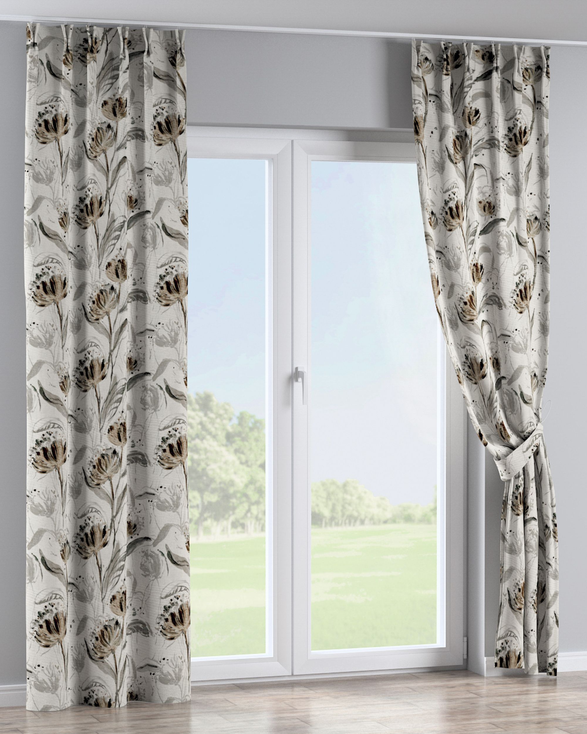 Double pinch pleat curtain colour grey fabric structured, patterned (hover)