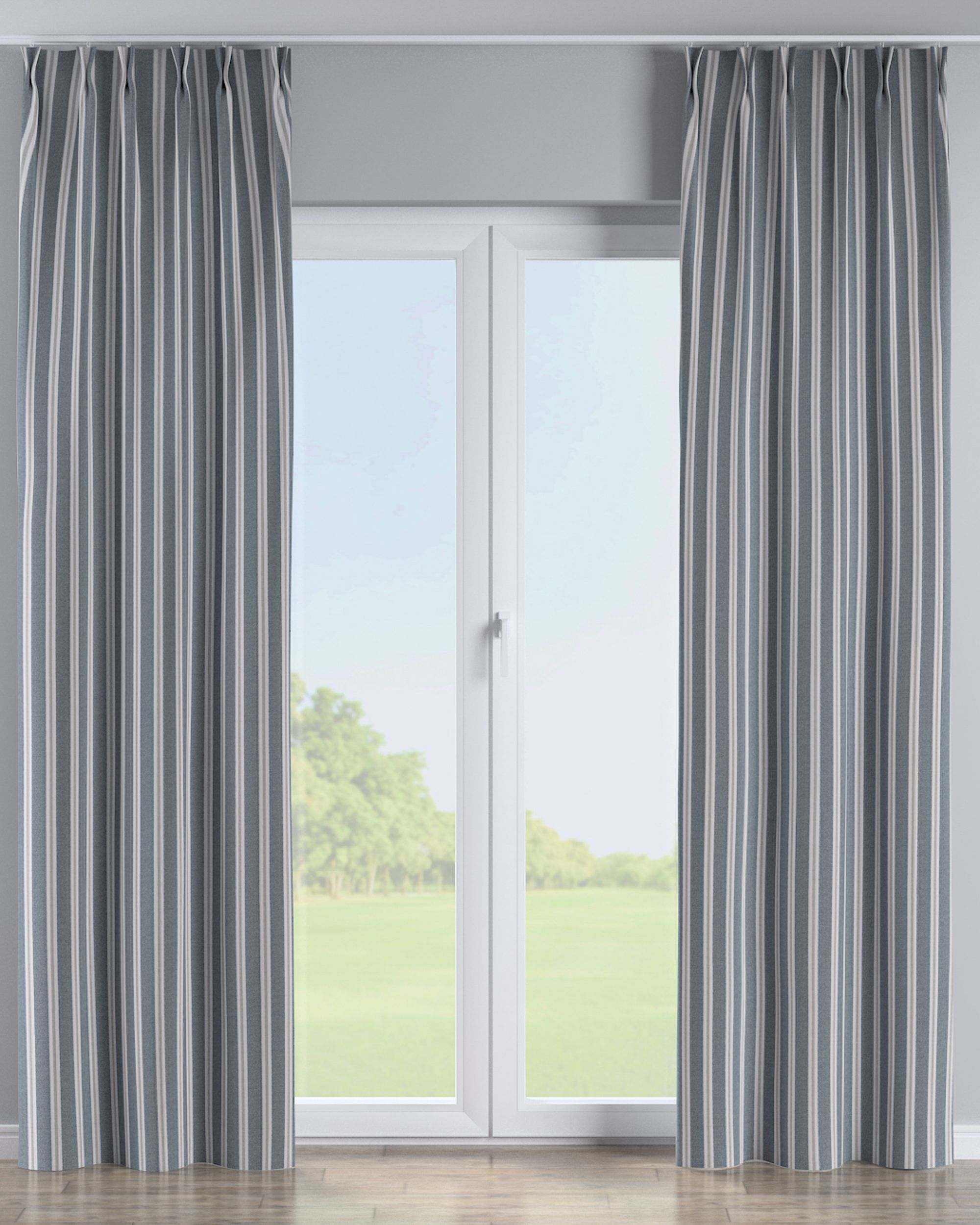 Double pinch pleat curtain colour blue fabric structured, patterned