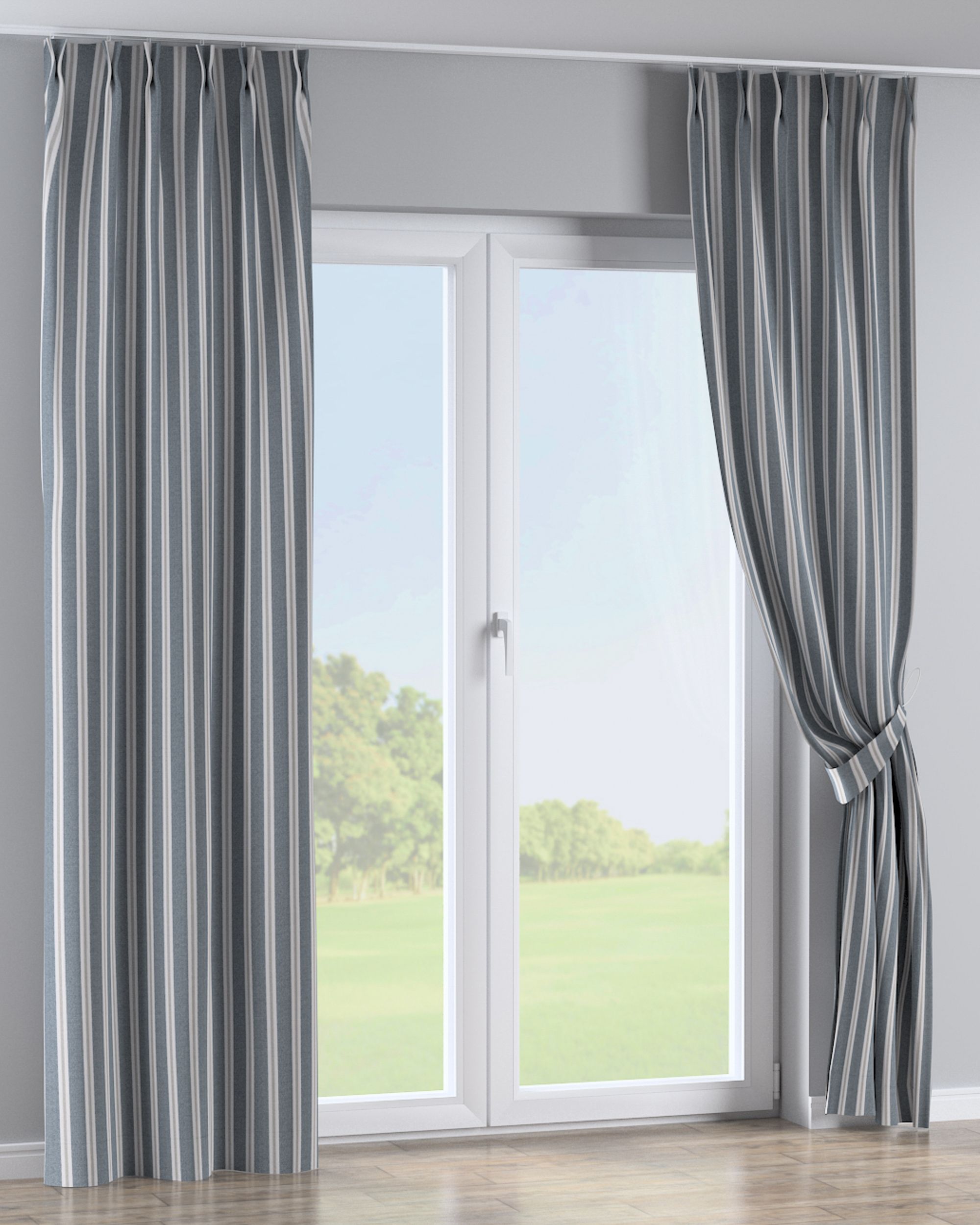 Double pinch pleat curtain colour blue fabric structured, patterned (hover)