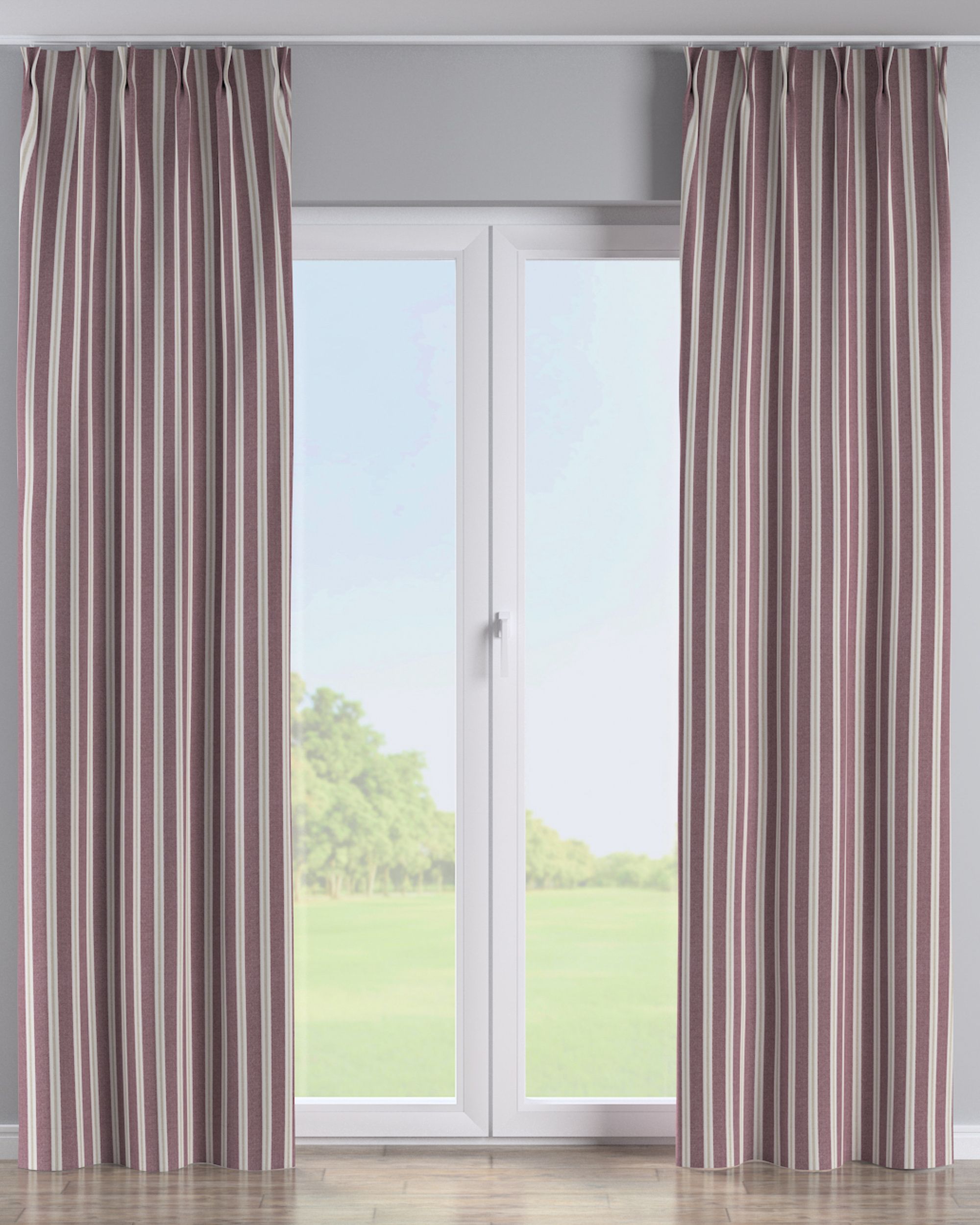 Double pinch pleat curtain colour red fabric structured, patterned