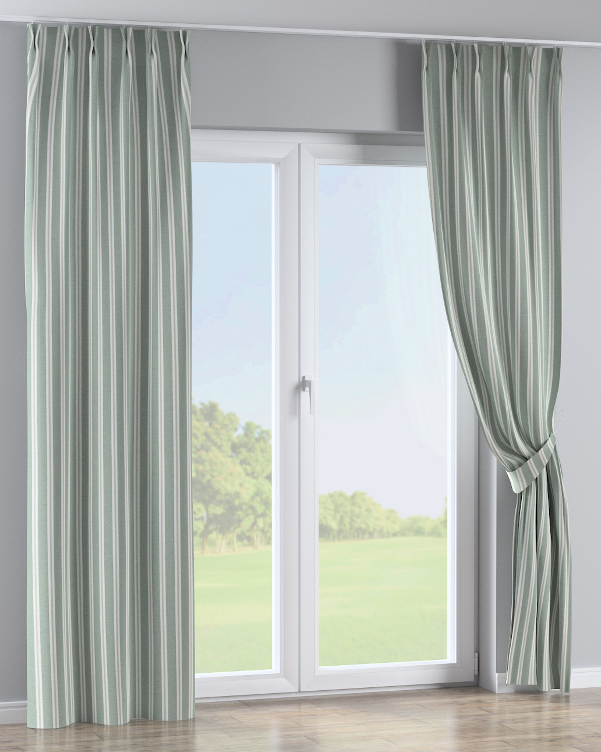 Double pinch pleat curtain colour green fabric structured, patterned (hover)