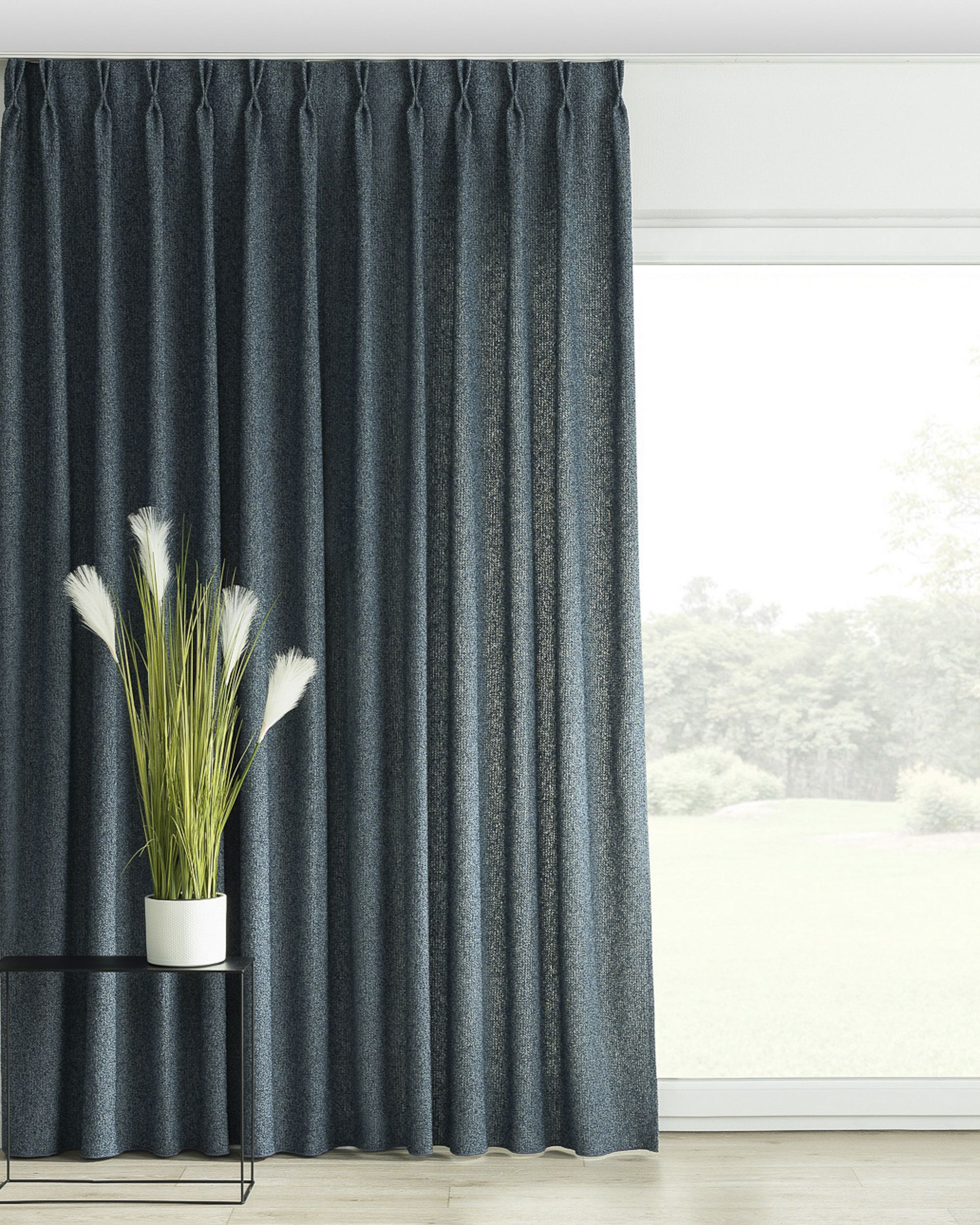 Double pinch pleat curtain colour blue fabric structured