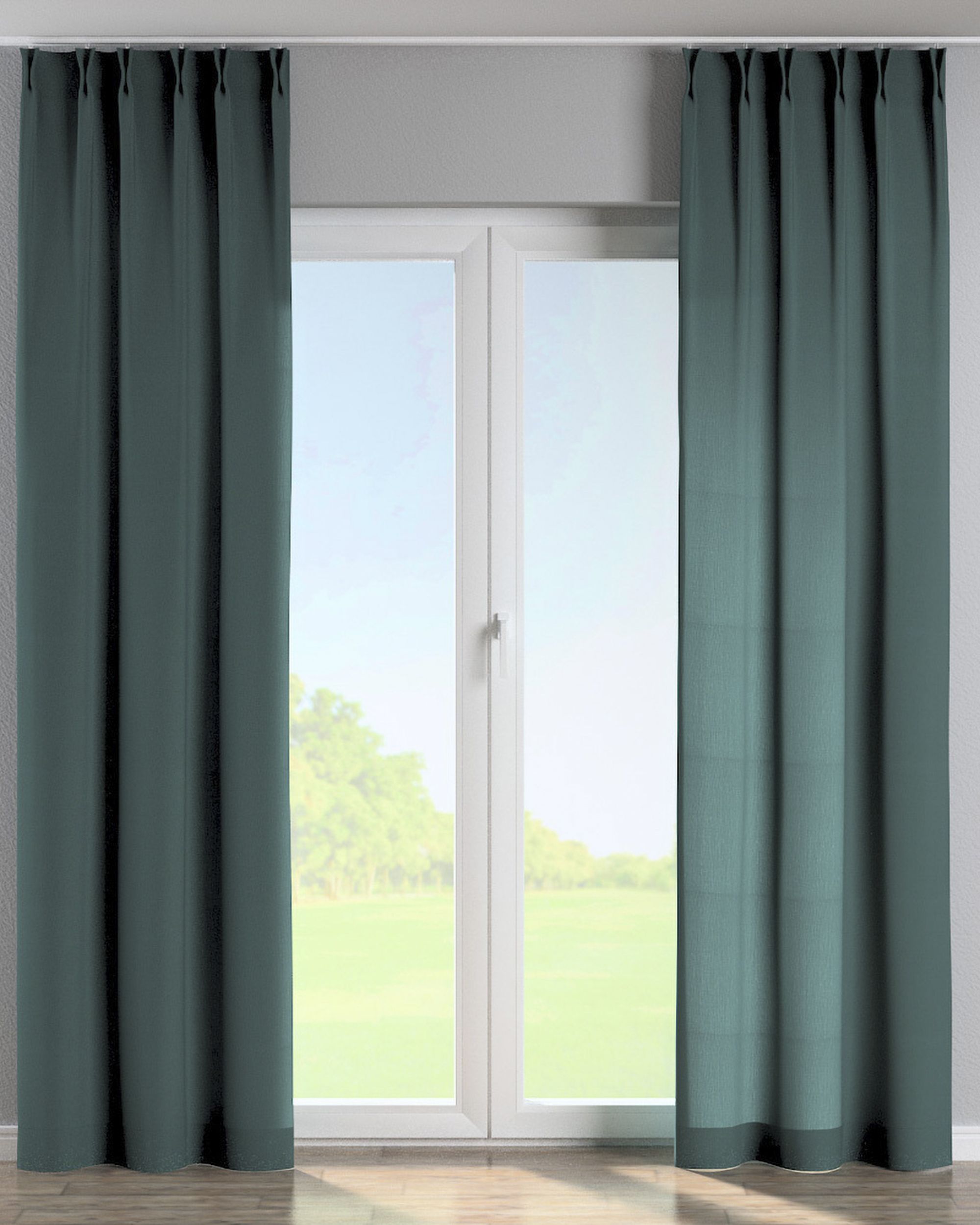 Double pinch pleat curtain colour green fabric semi-sheer, structured
