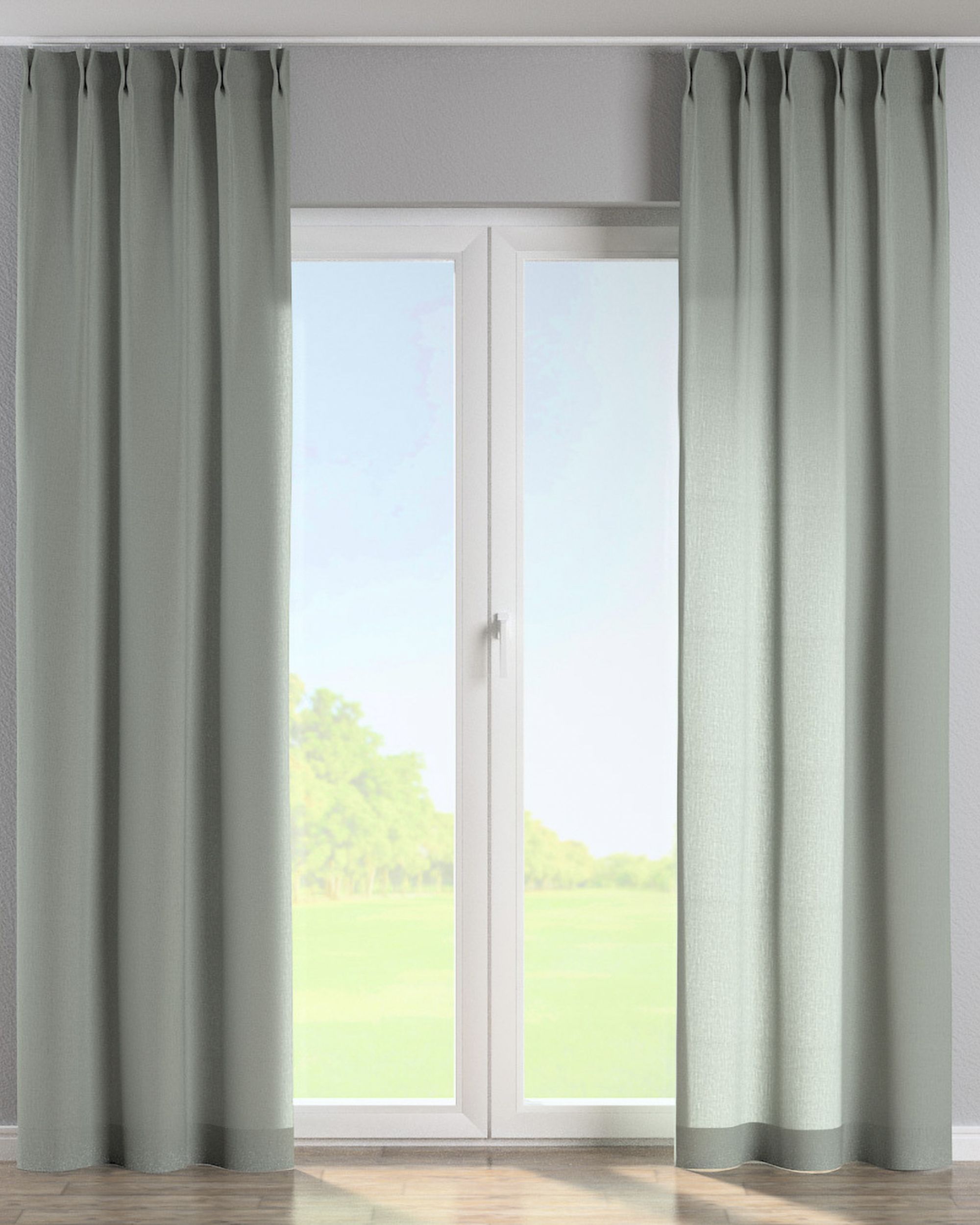 Double pinch pleat curtain colour grey fabric semi-sheer, structured