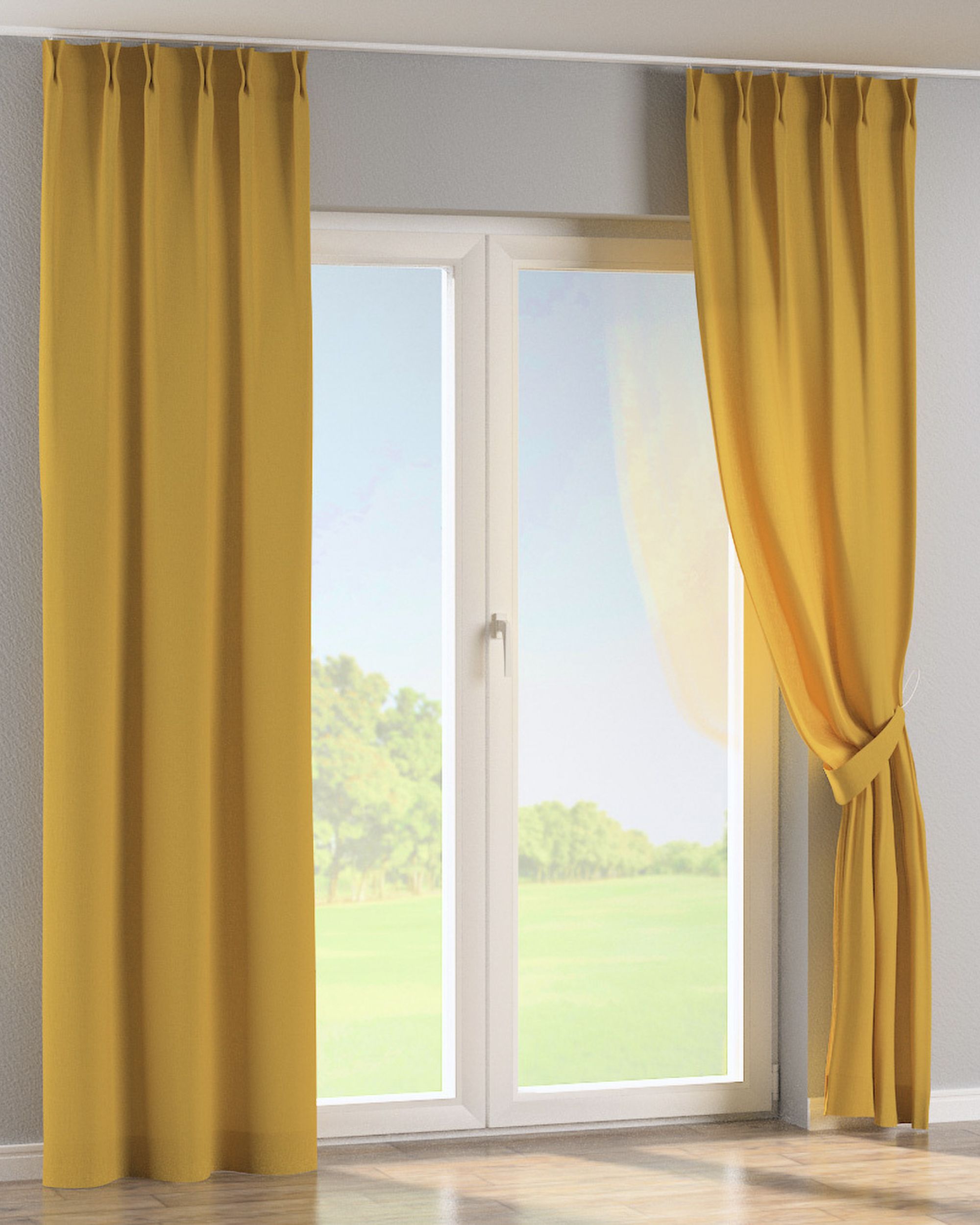 Double pinch pleat curtain colour yellow fabric semi-sheer, structured (hover)